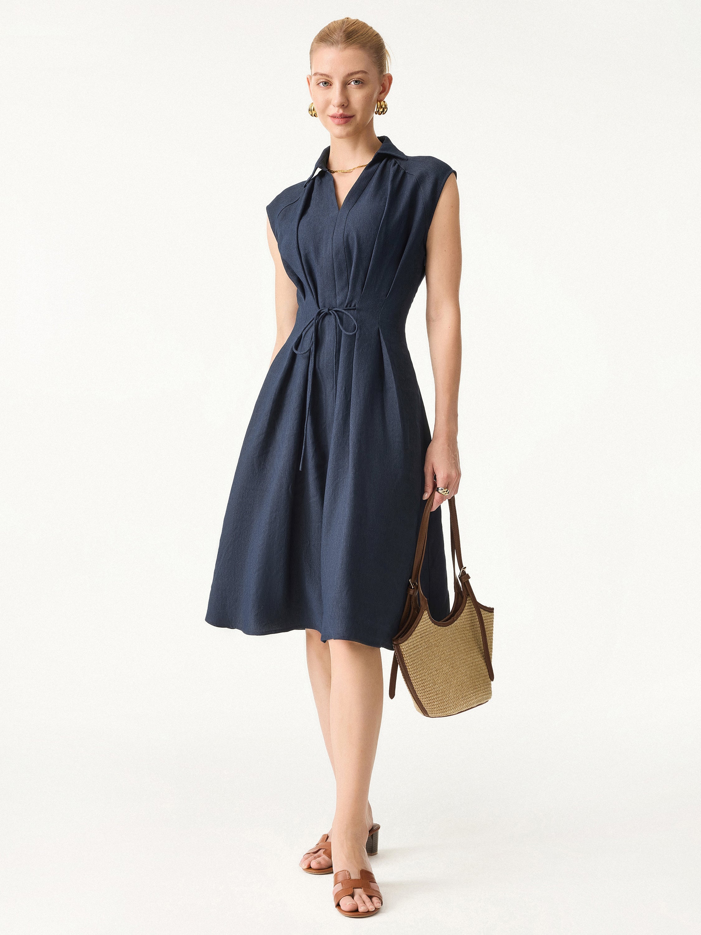 OGLmove Viscose-Linen Collared V-Neck Midi Dress with Drawstring