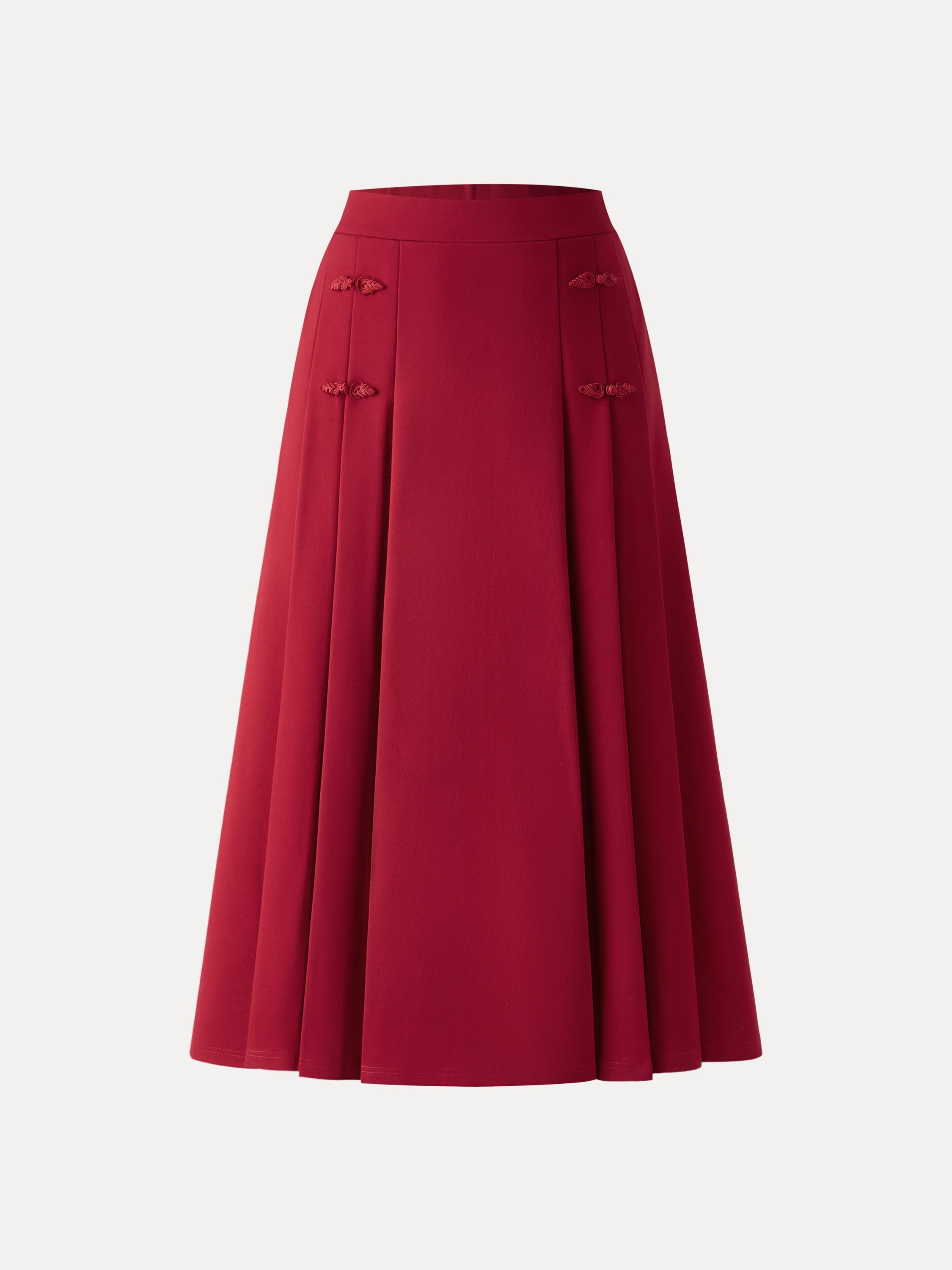 OGLmove Pleated Frog Button Decor A-Line Midi Skirt