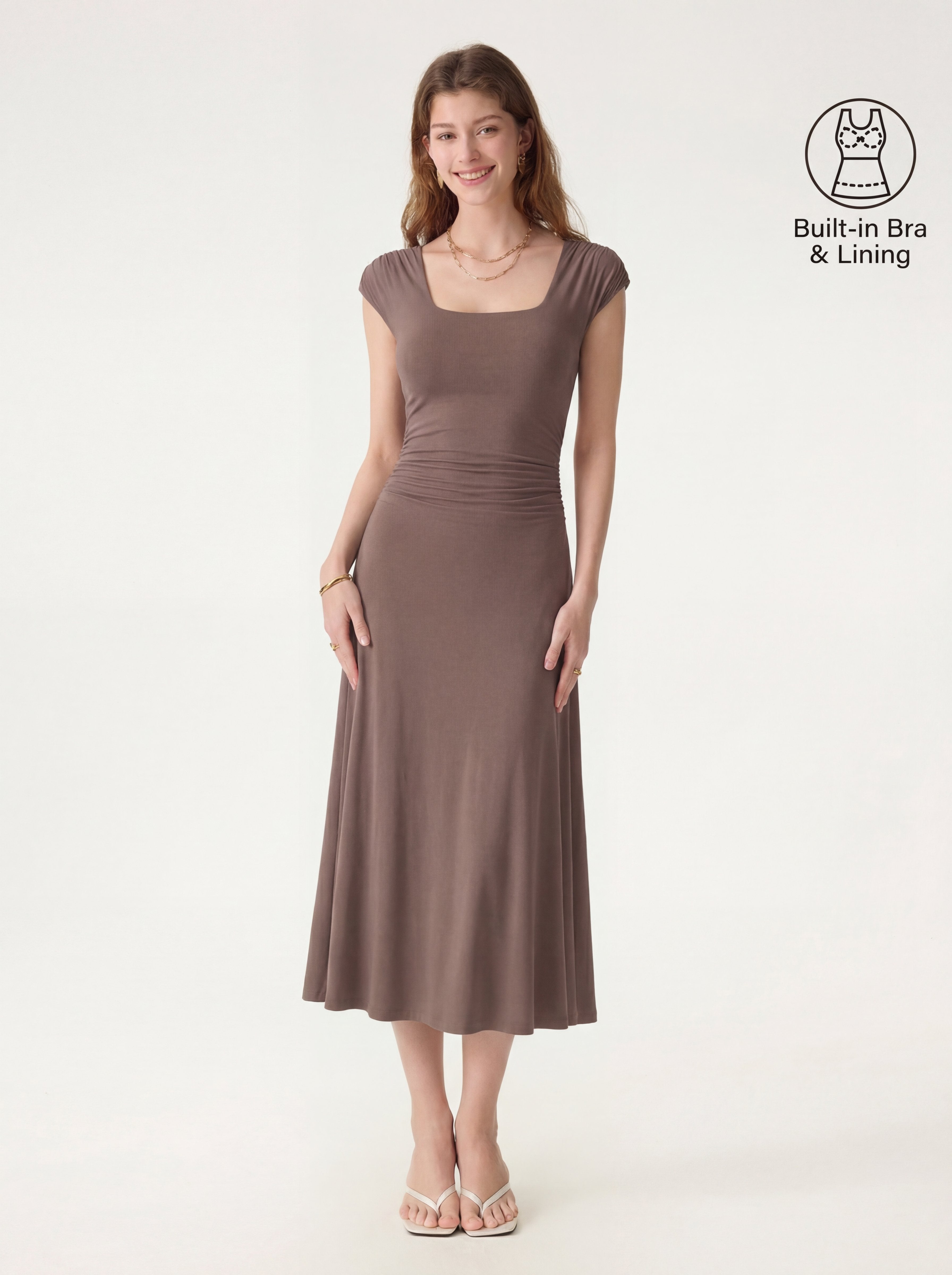 OGLmove Women's Cooling Square Neck Ruched Midi Bra Dress