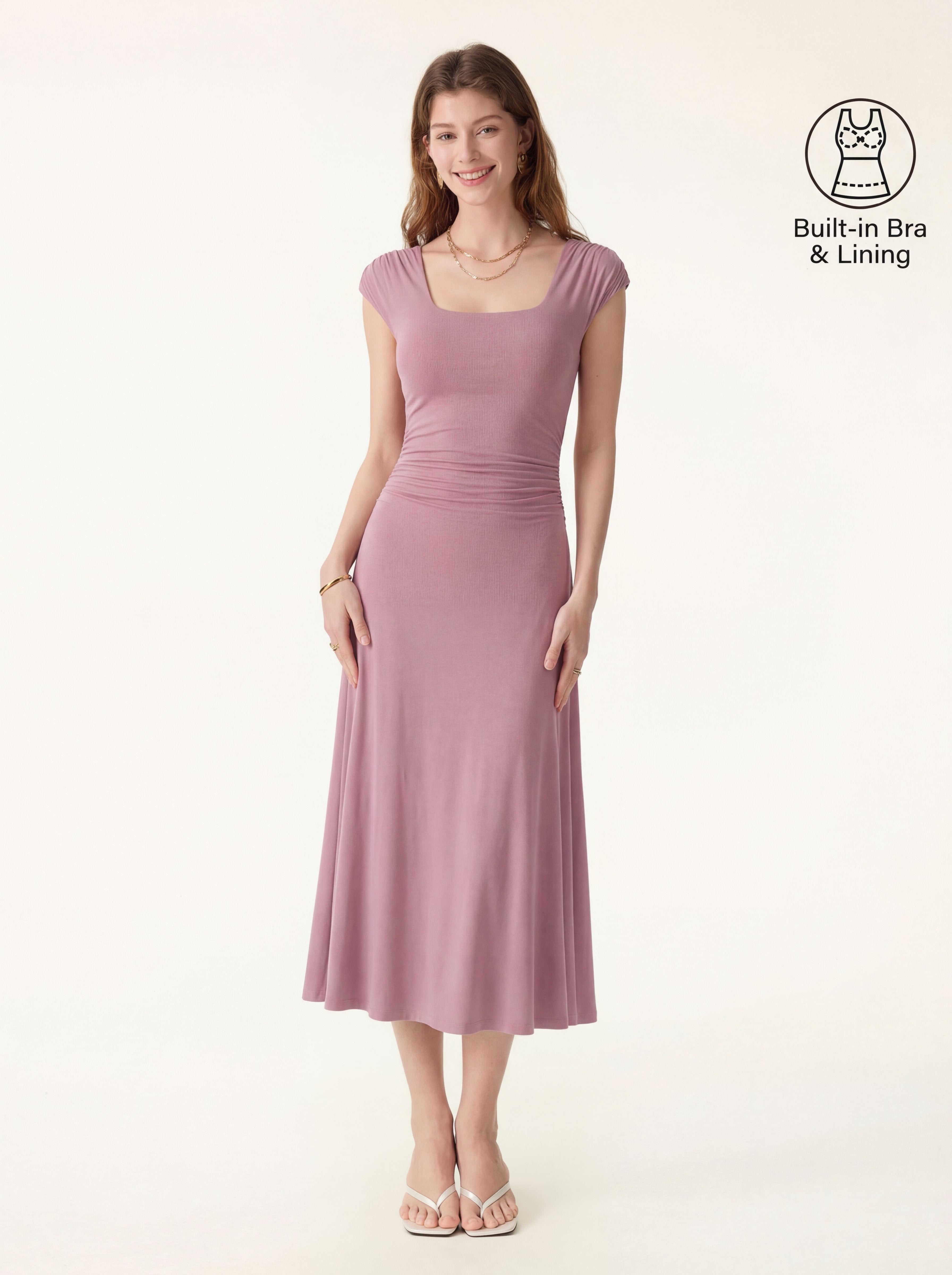 OGLmove Women's Cooling Square Neck Ruched Midi Bra Dress