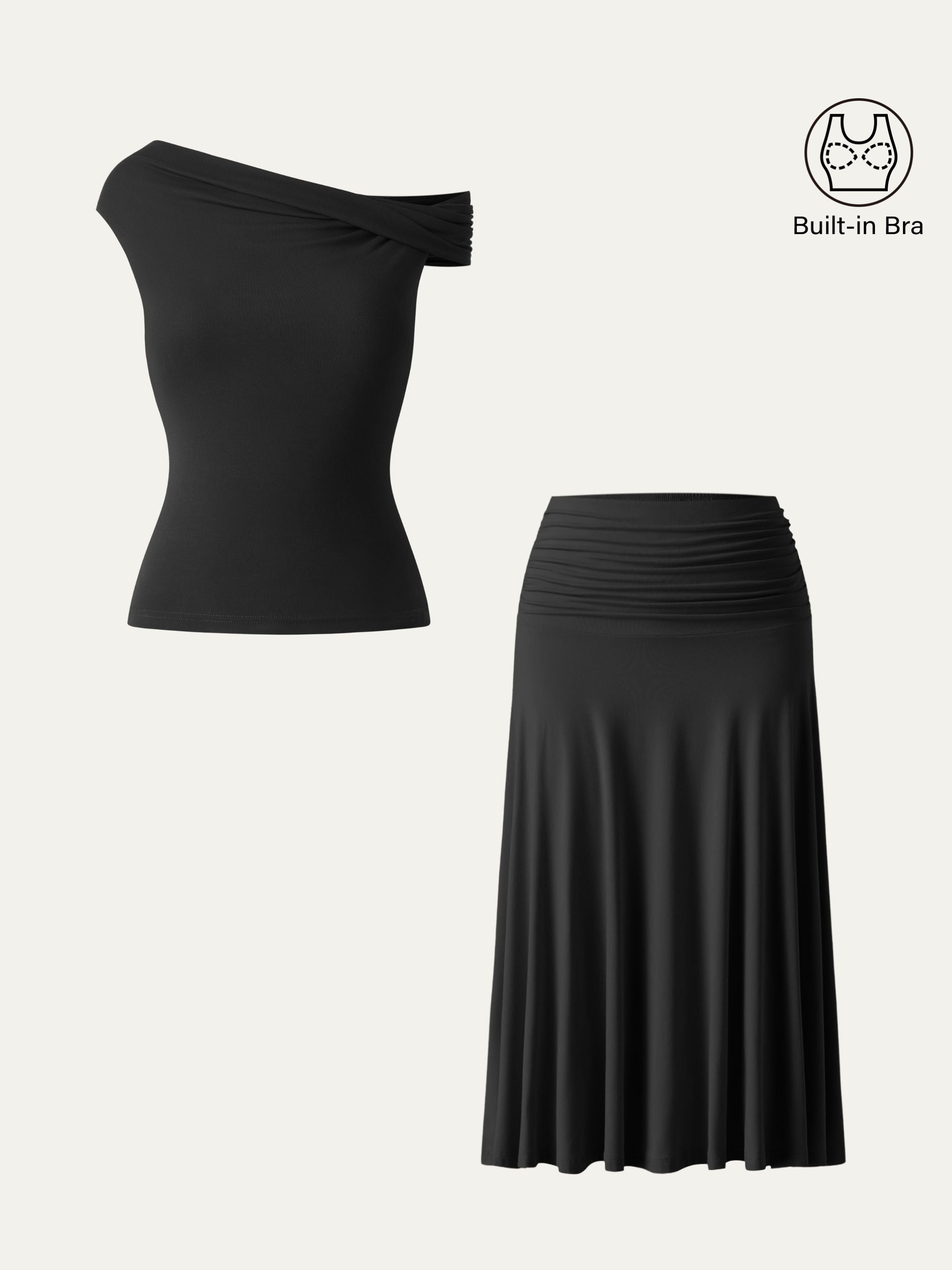 OGLmove Multi-wear Bra Top & Side Ruched Midi Skirt Set