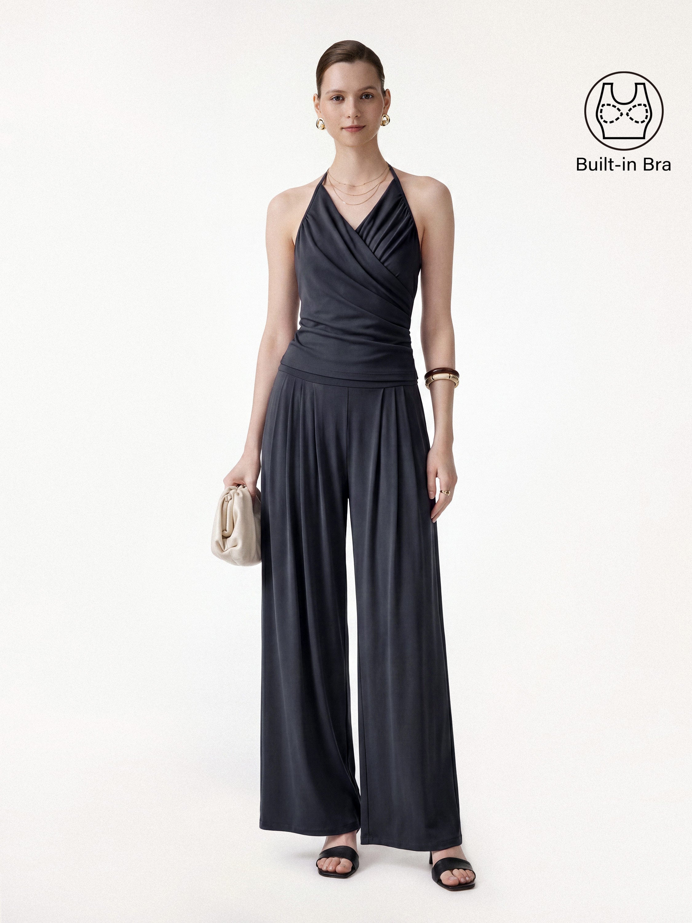 OGLmove Halter Neck Surplice Bra Top & Tucked Palazzo Pant Set with Pockets