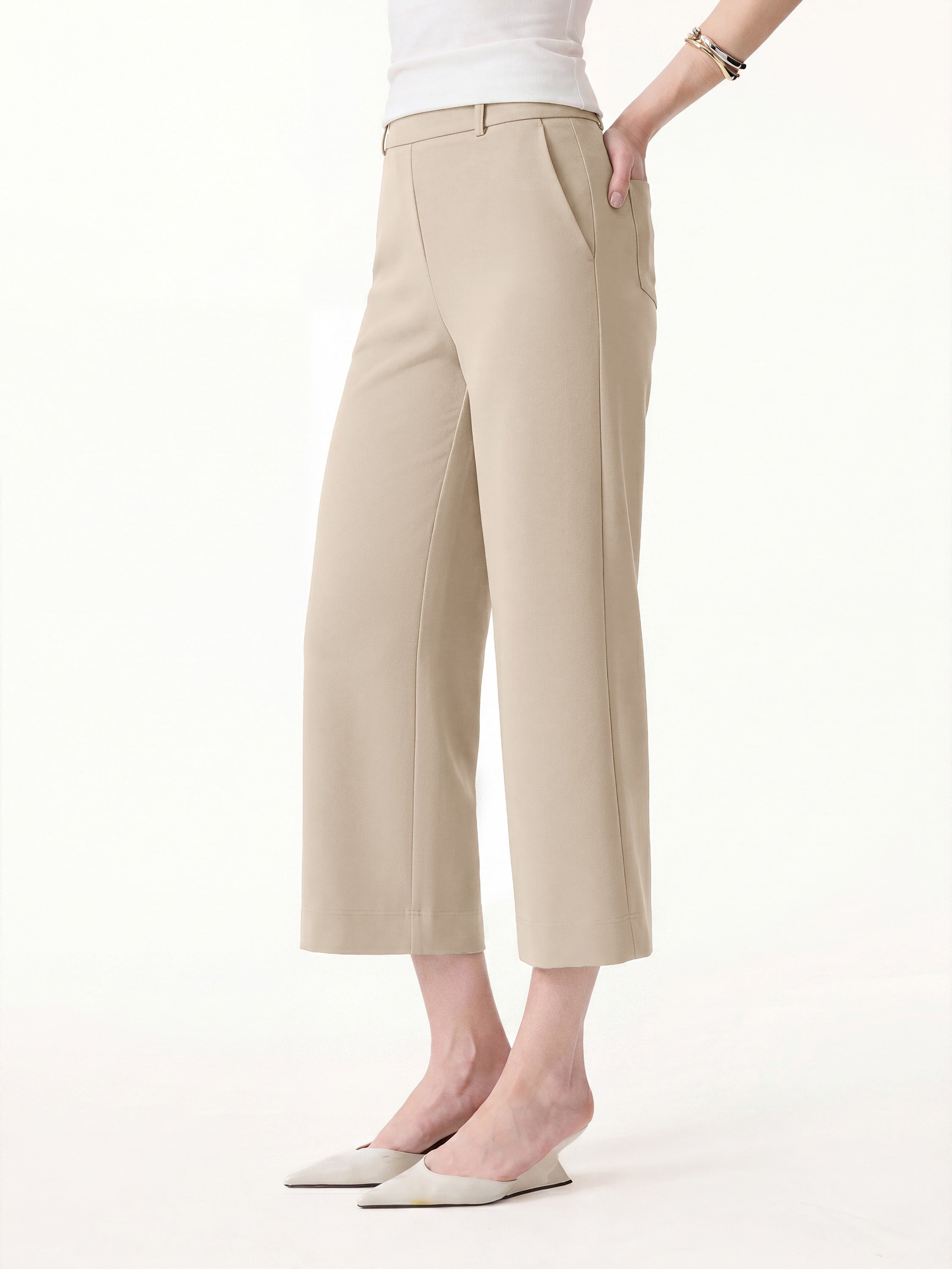 OGLmove Not-See-Thru Mid Rise Cropped Wide Leg Pants with Pockets