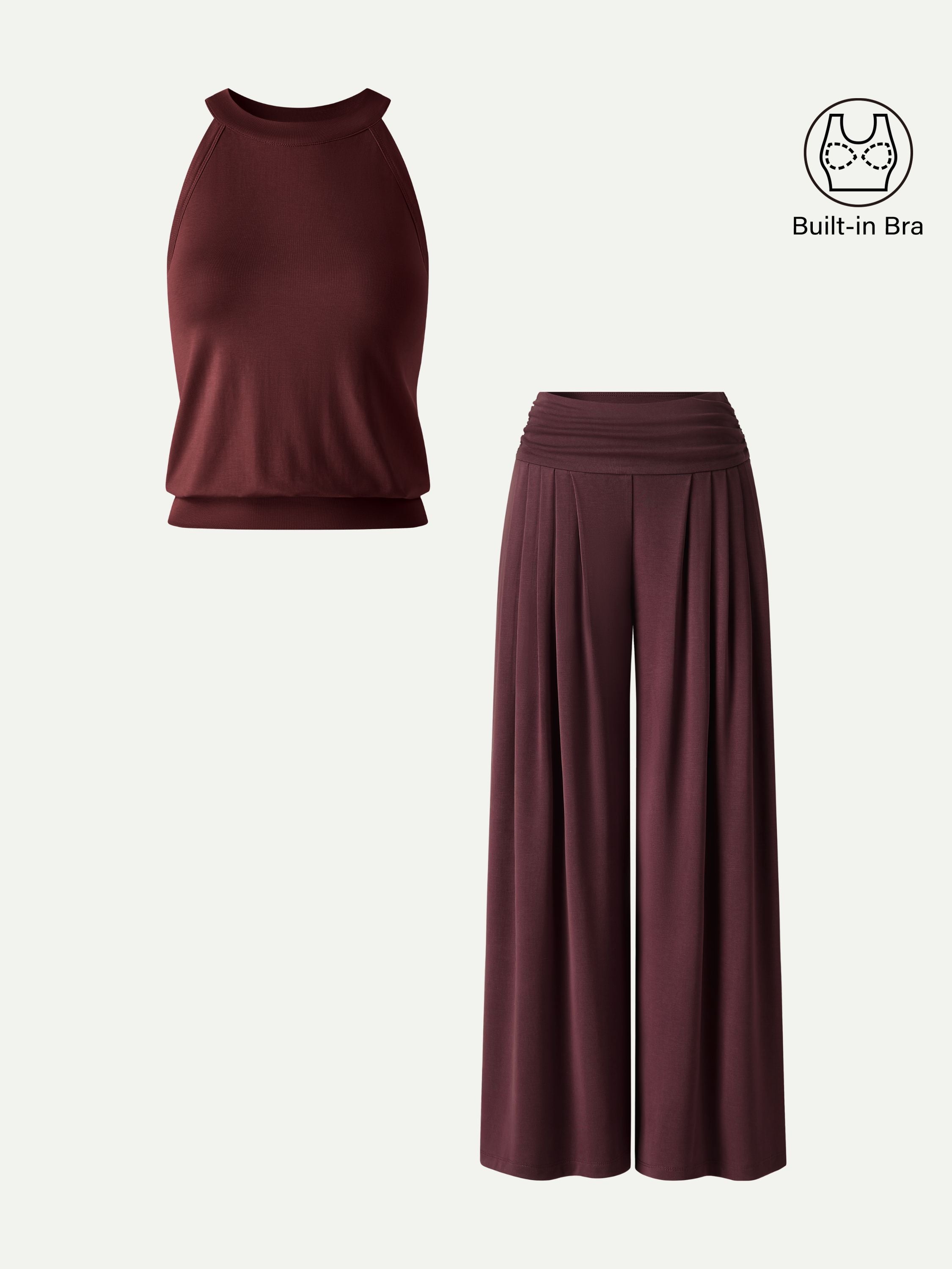 OGL 2-Piece Halter Neck Bra Tank & Tucked Pants with Pockets Set