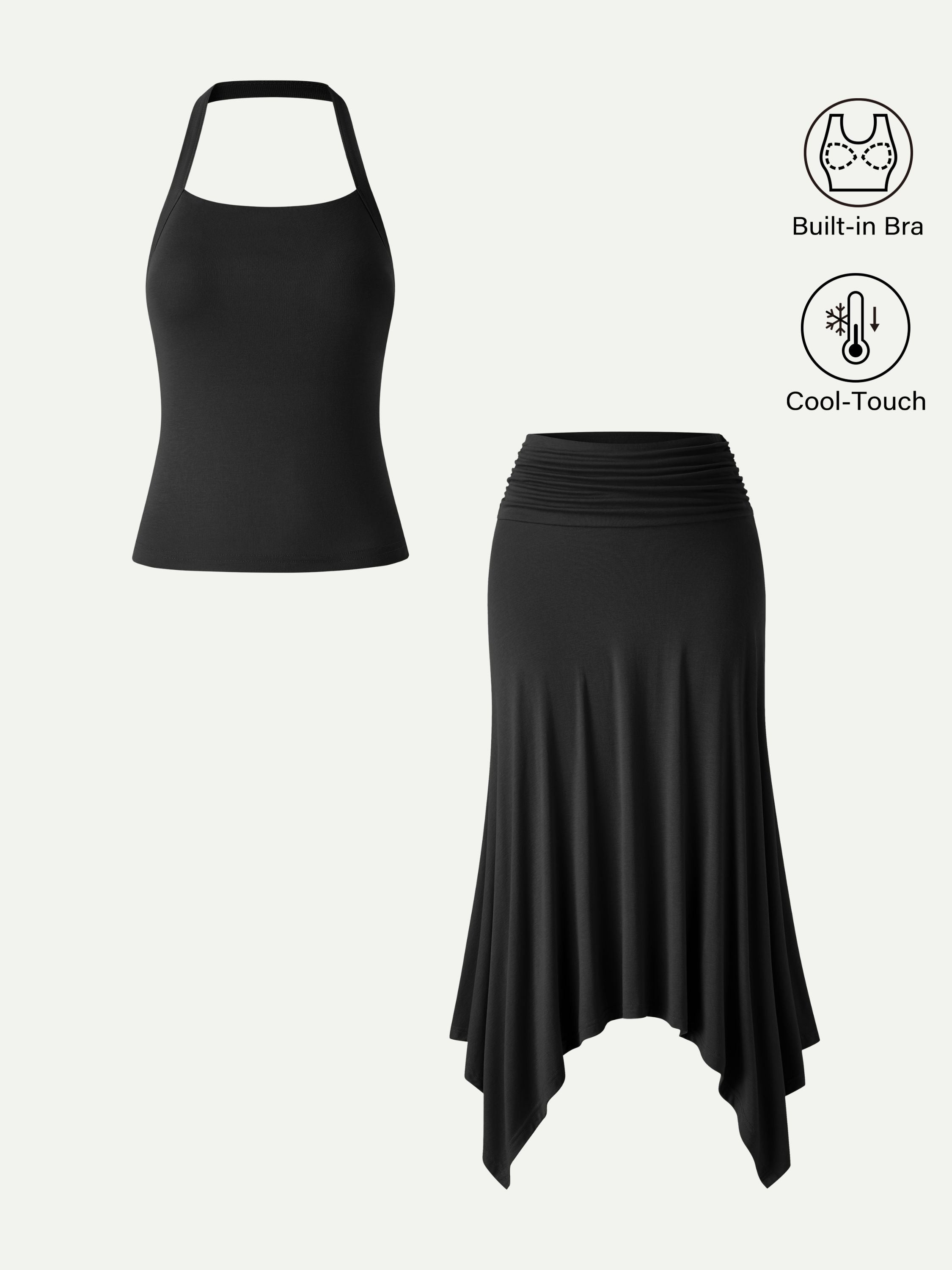 OGLmove Sleek Halter Bra Top and Handkerchief Hem Skirt Set