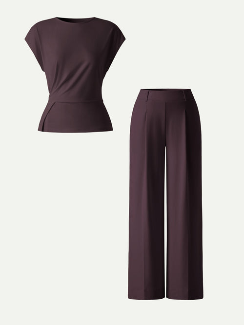 OGLmove 2Pcs Round Neck Tucked Top & Wide Leg Success Pants Set