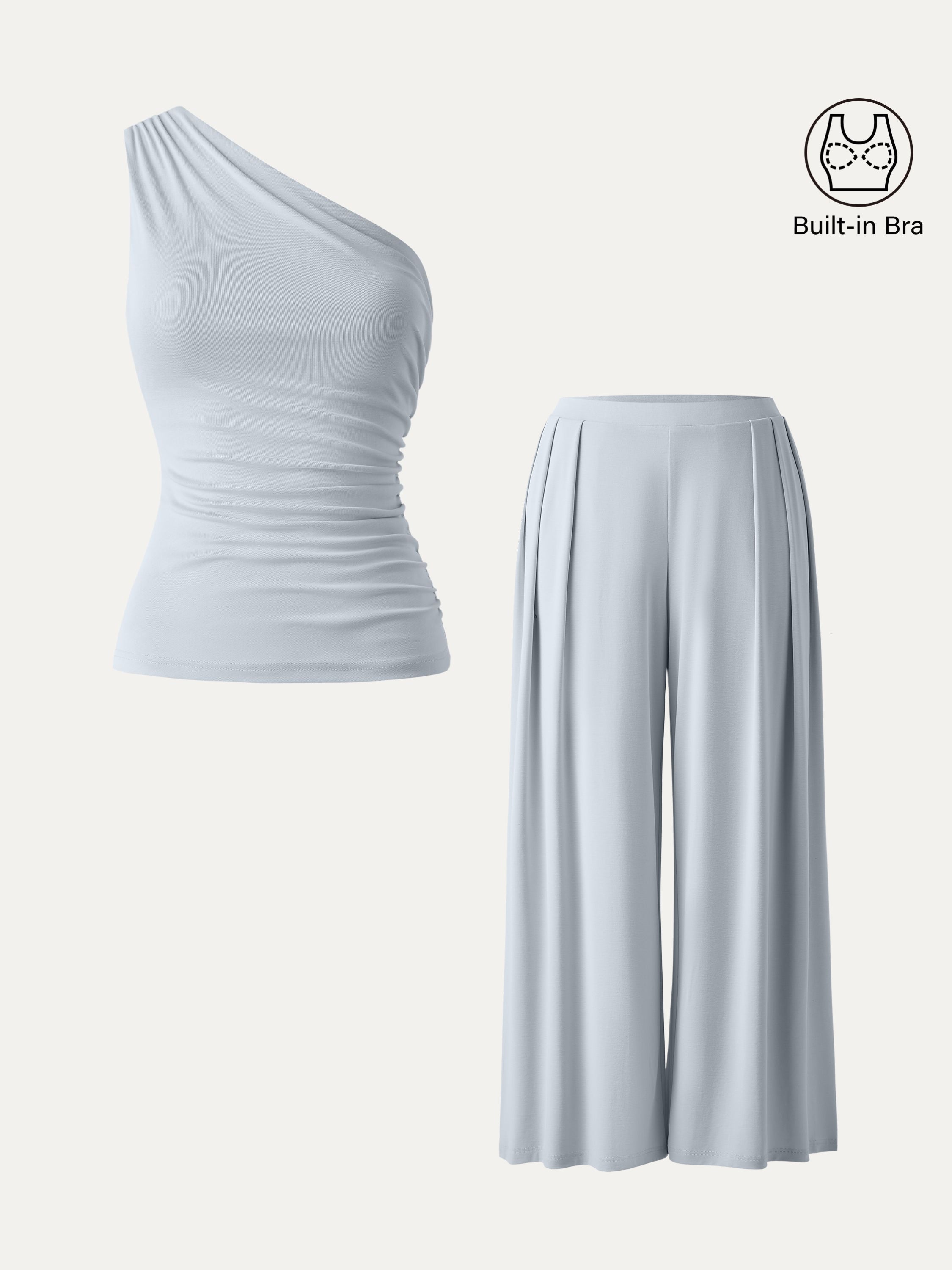 OGLmove 2Pcs Set Petite Wide Leg Palazzo Pant with Pockets & Ruched Bra Tank