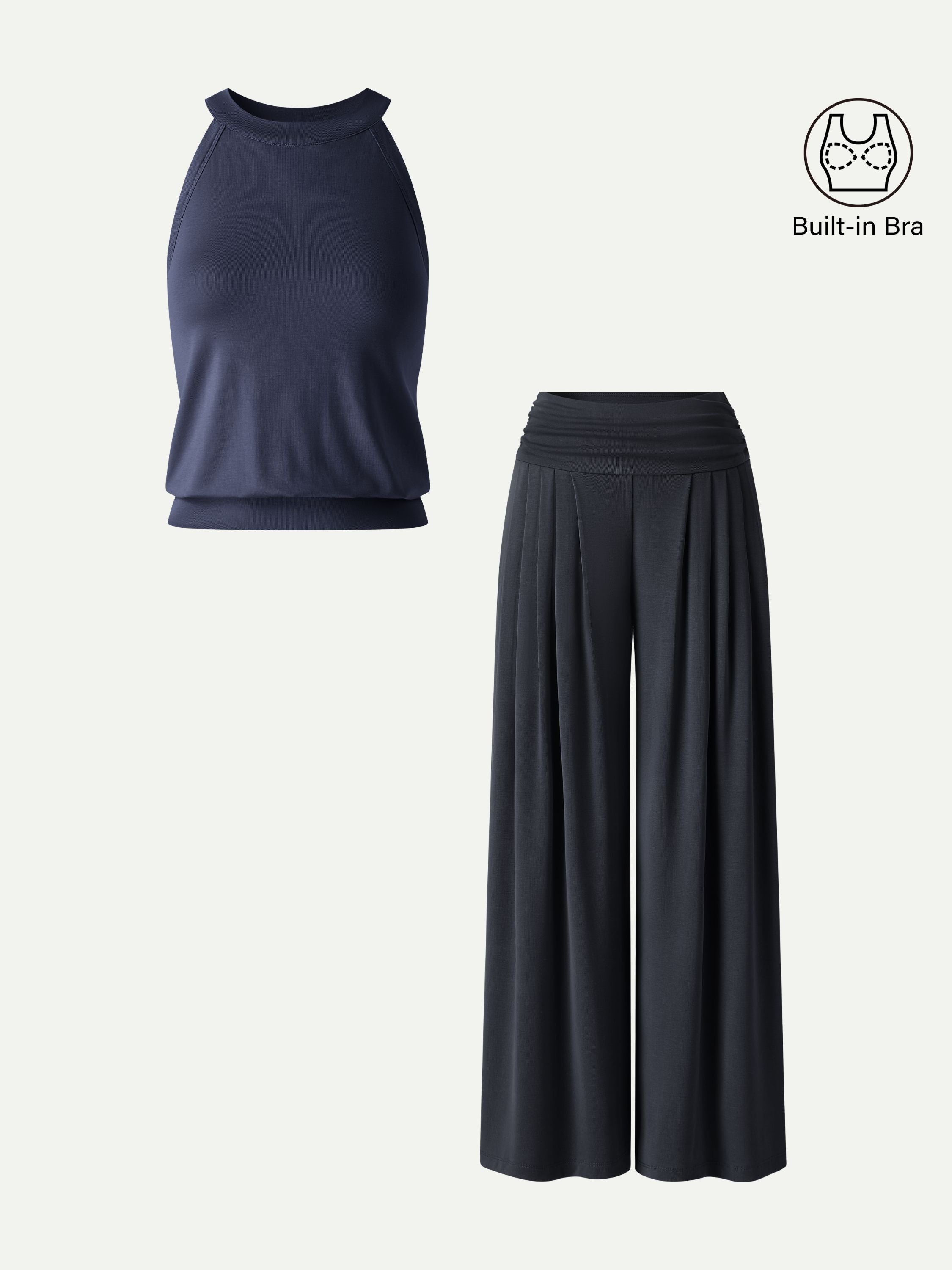 OGL 2-Piece Halter Neck Bra Tank & Tucked Pants with Pockets Set