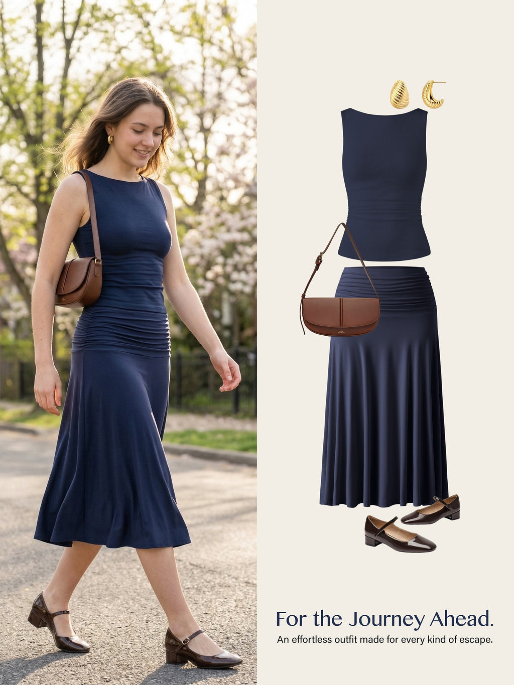 OGLmove Open Back Bra Tank & Side Ruched A-Line Midi Skirt Set
