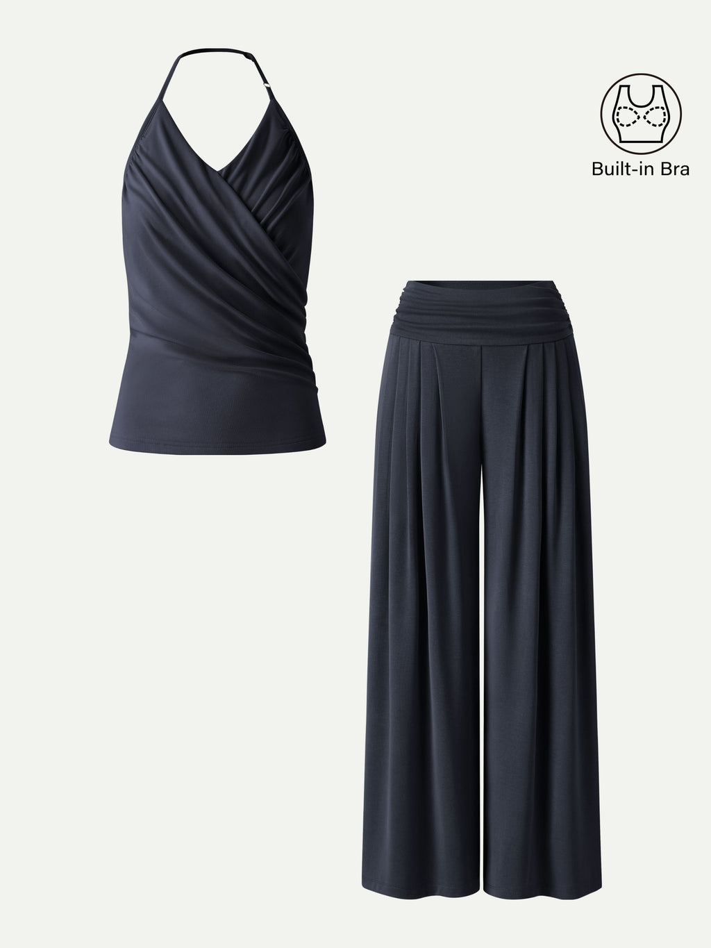 OGLmove Halter Neck Surplice Bra Top & Tucked Palazzo Pant Set with Pockets