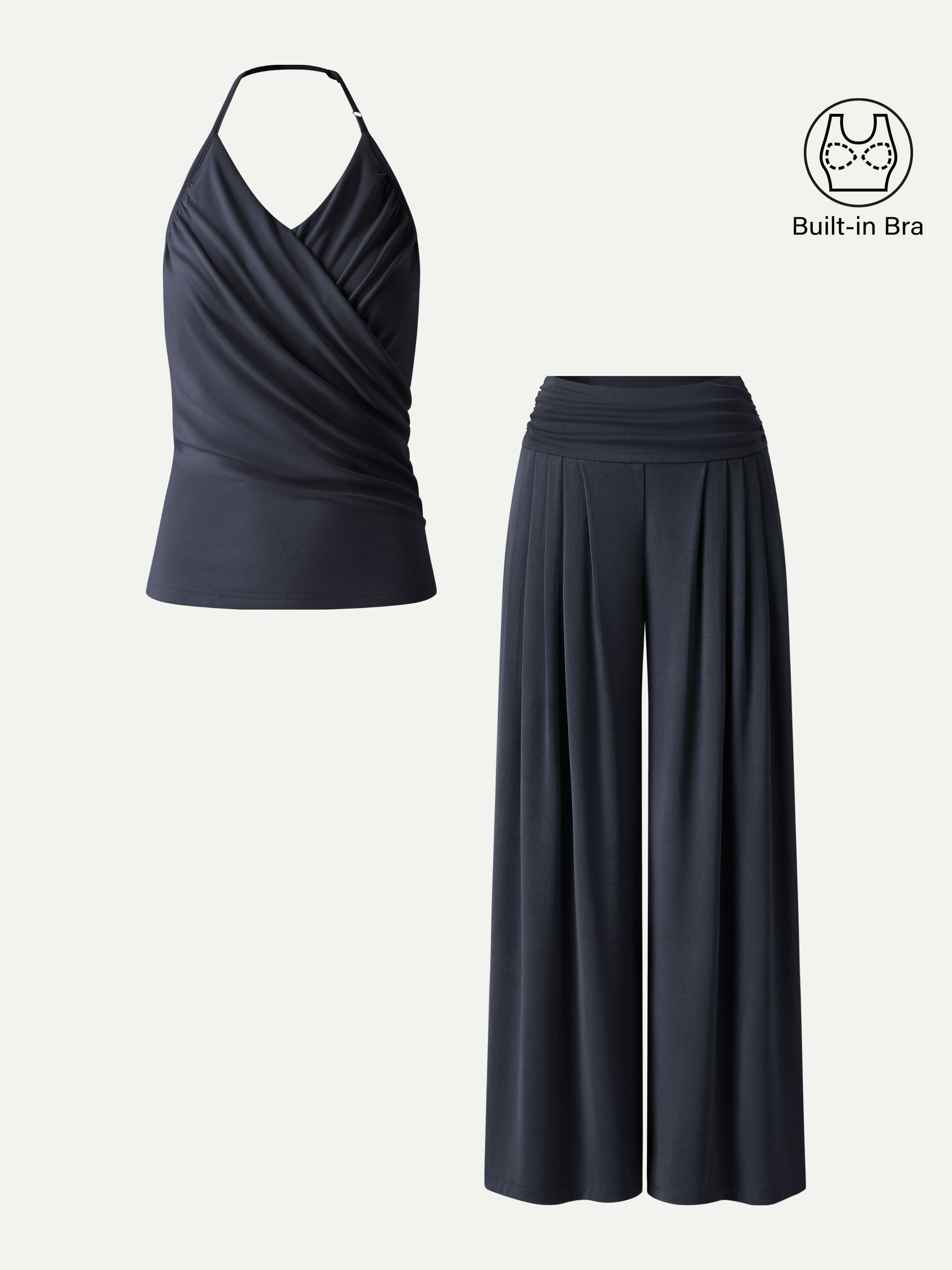 OGLmove Halter Neck Surplice Bra Top & Tucked Palazzo Pant Set with Pockets