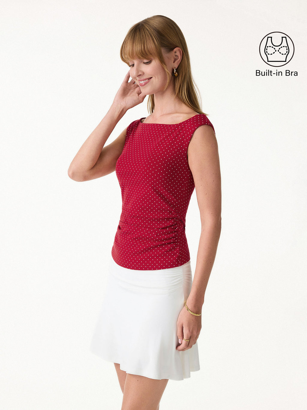 OGLmove Stretch Cotton Polka Dot Boatneck Ruched Bra Top