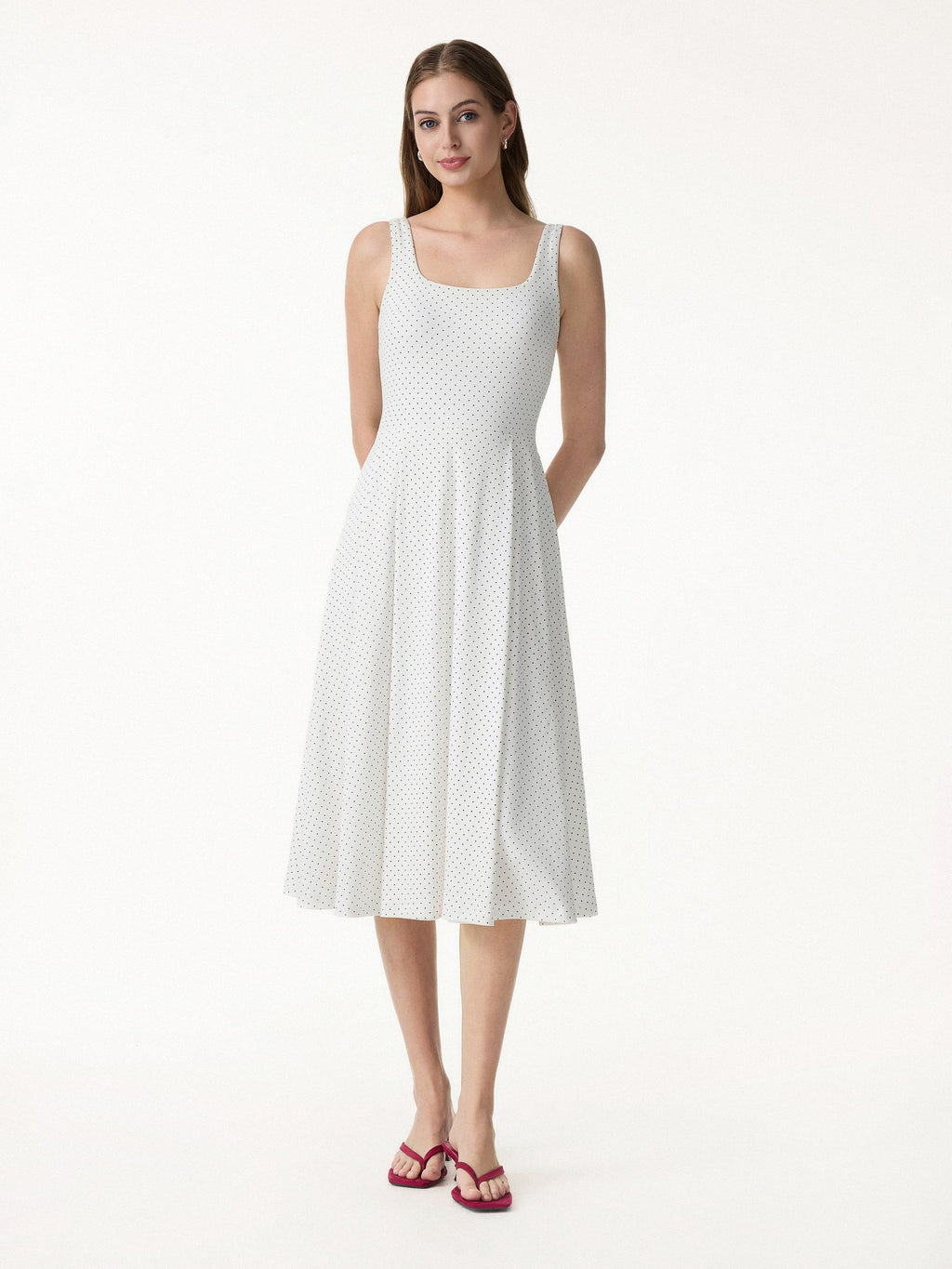 OGLmove Women's Stretch Cotton Square Neck Midi Bra Dress with Pockets