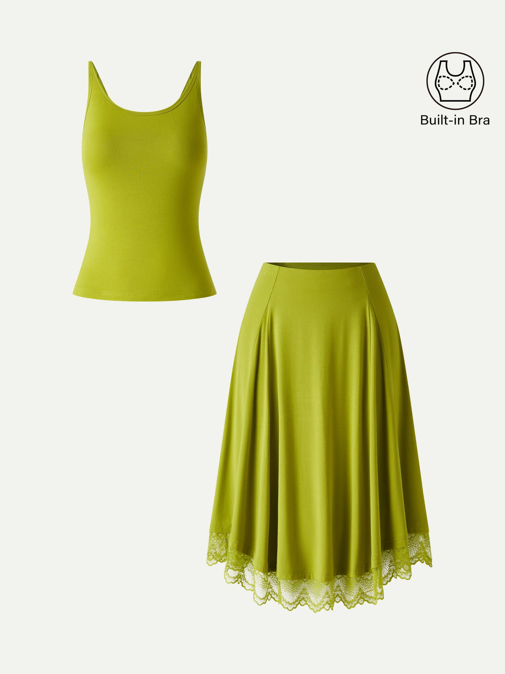 OGLmove Scoop Neck Bra Top & Lace Trim Midi Circle Flare Skirt 2-Piece Set