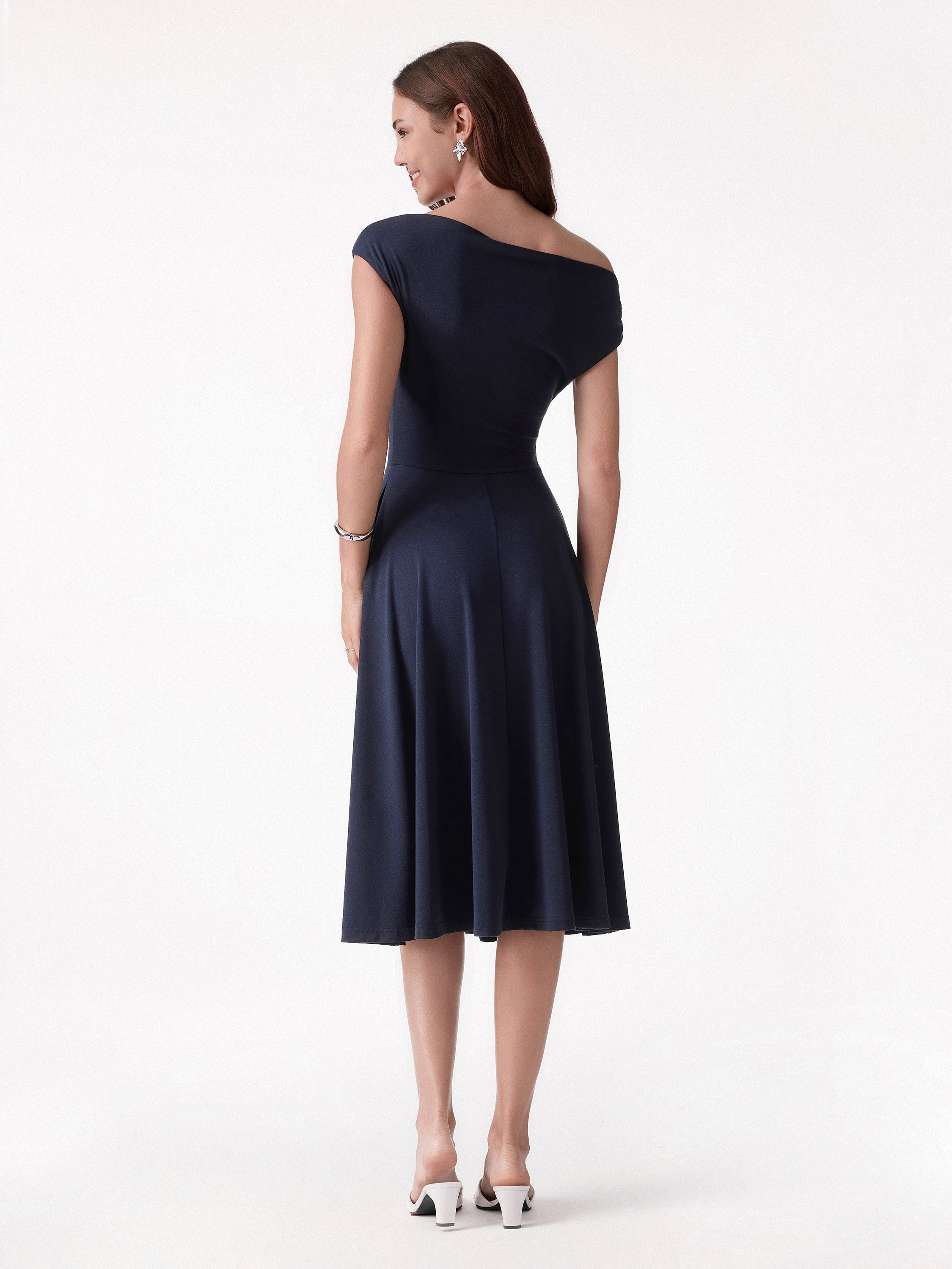 OGLmove Asymmetrical Shoulder Tucked Midi Bra Dress with Pockets