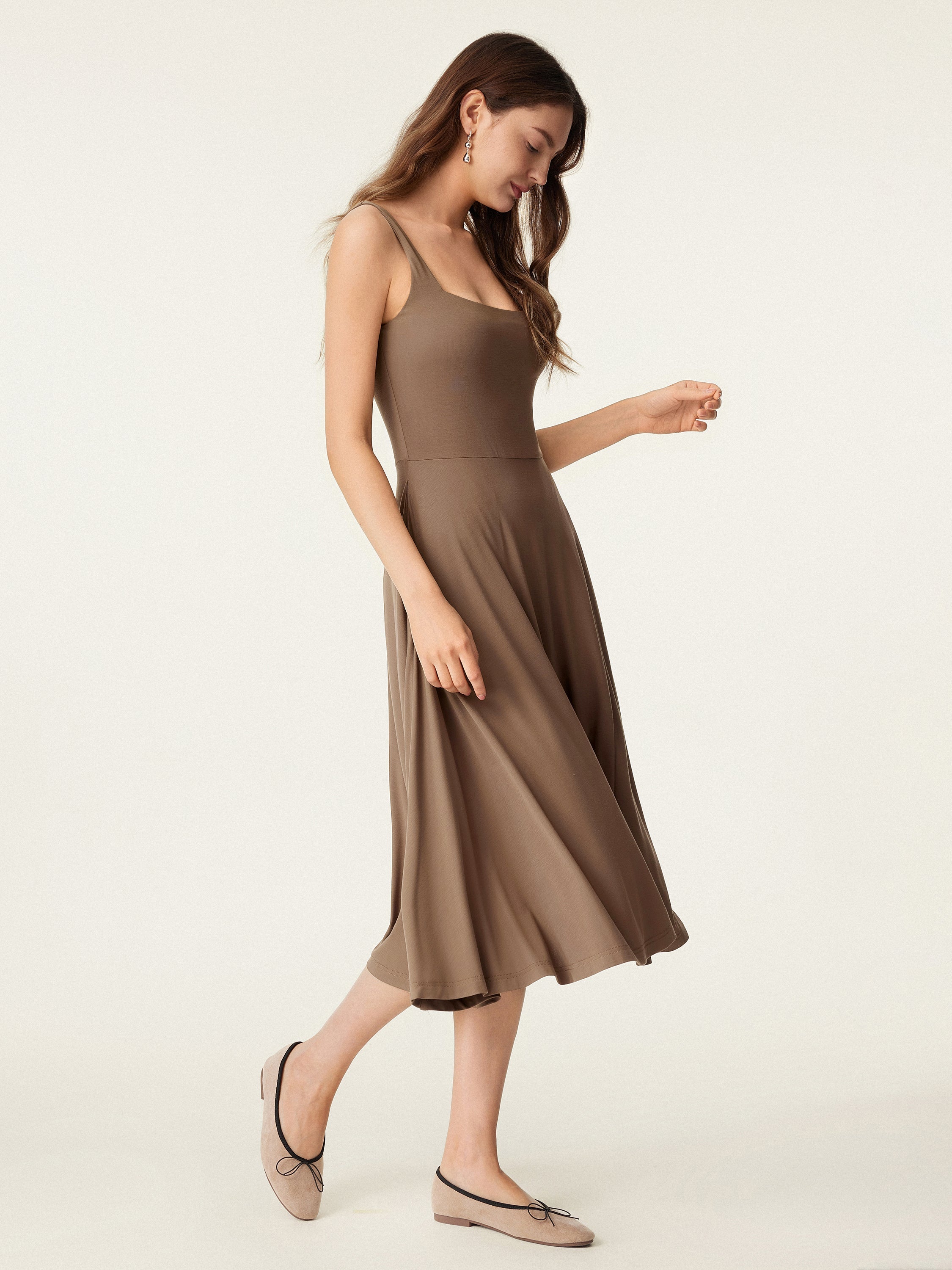 OGLmove Square Neck Flowy New Airy Bra Midi Dress