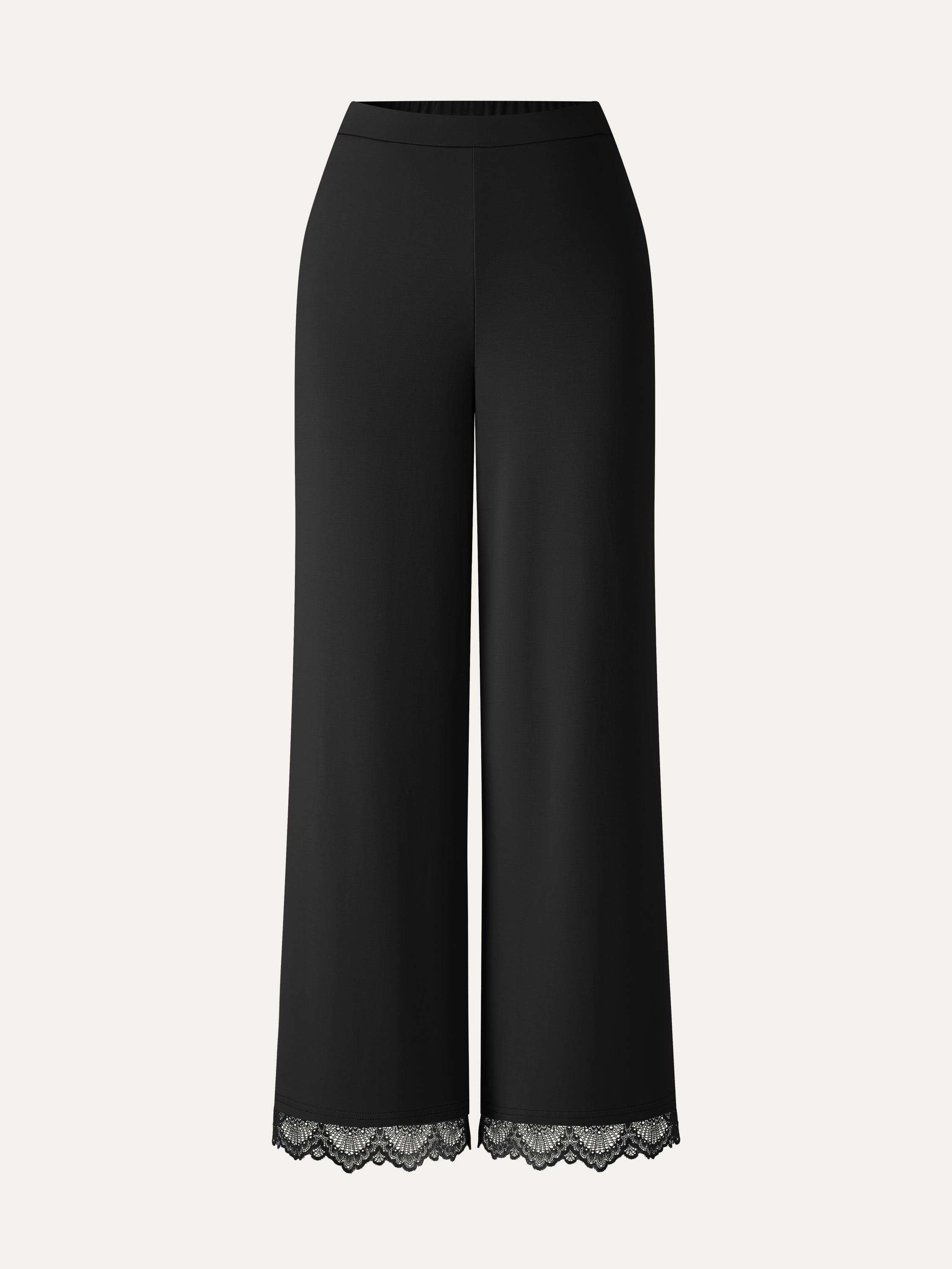 OGLmove Lace Trim Draped Mid Rise Wide Leg Pants with Pockets