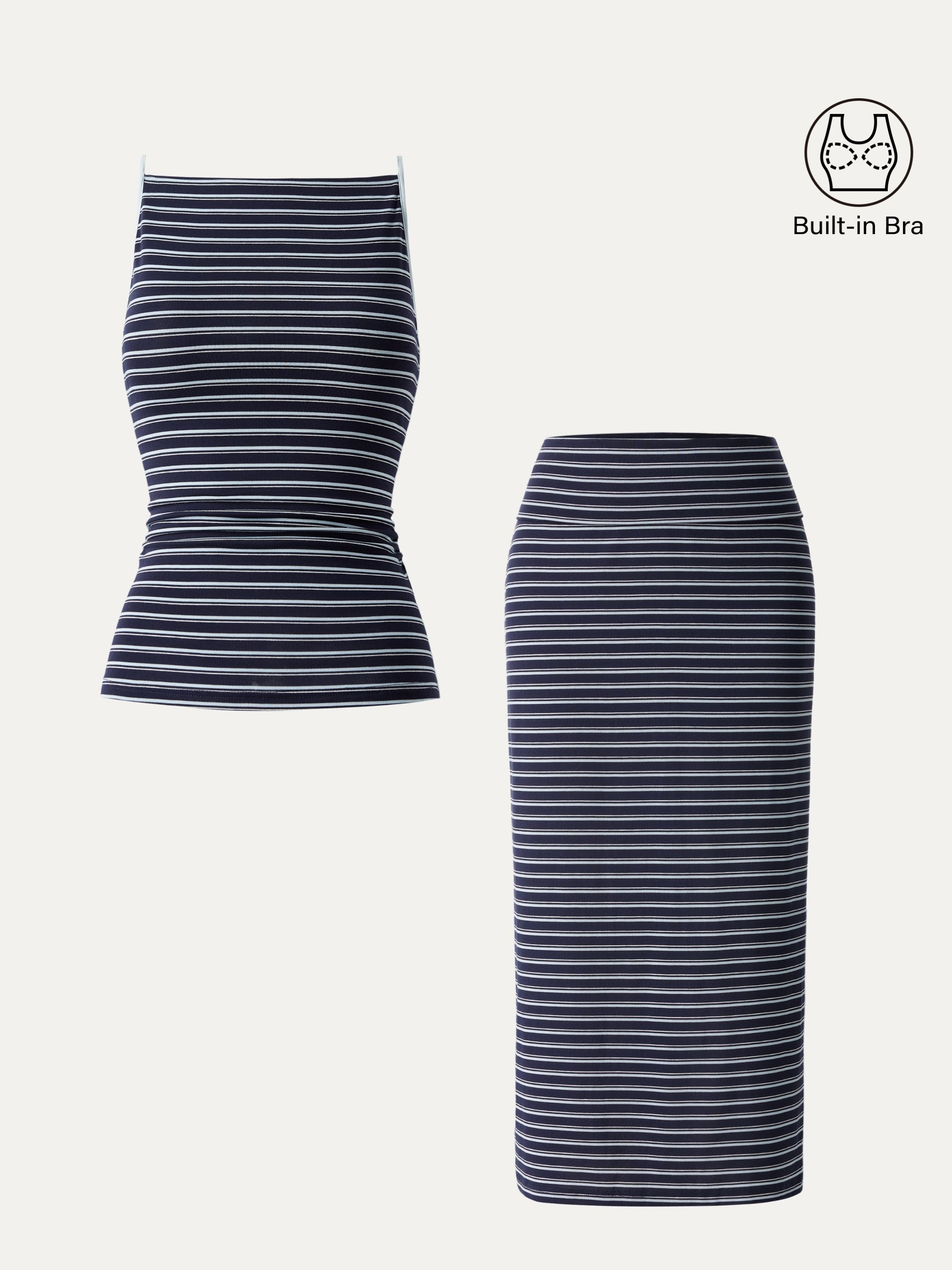 OGLmove Striped Spaghetti Bra Top & Low Rise Midi Skirt Set