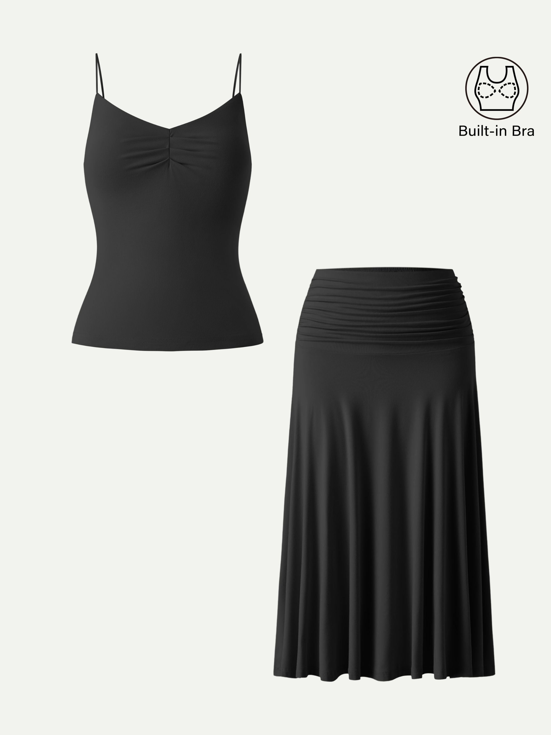 OGLmove Front Tucked Spaghetti Brami A-line Midi Skirt 2-Piece Set