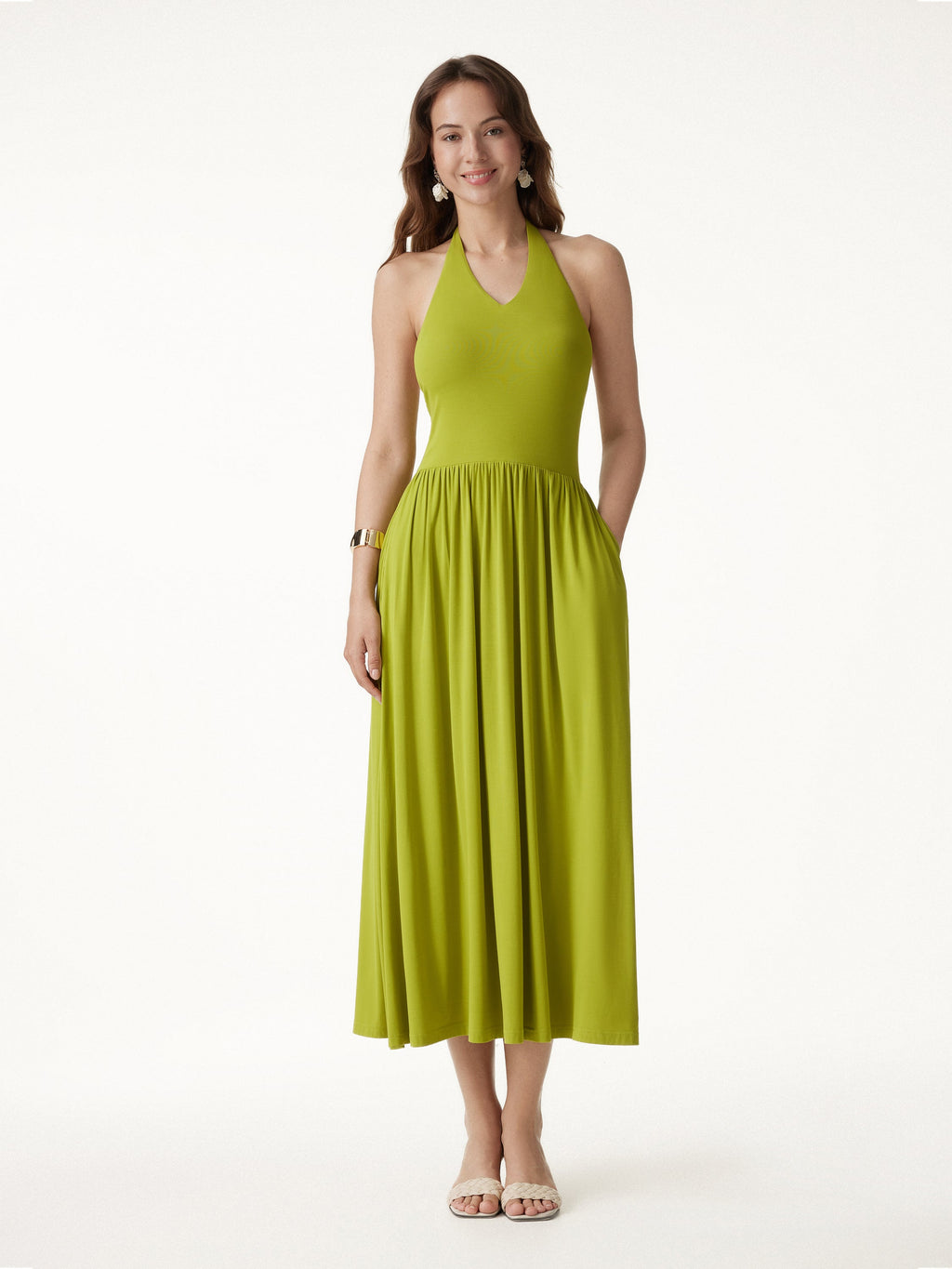 OGLmove SkinKiss Halter Ruched Midi Bra Dress with Pockets