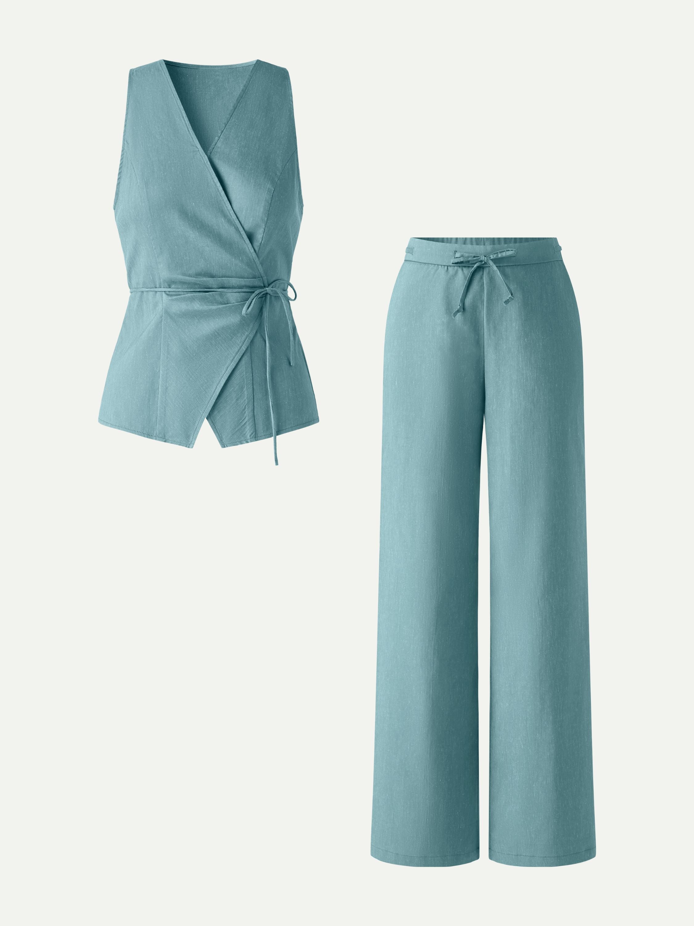 OGLmove 2Pcs Wrap Top and Wide Leg Pant Set with Pockets