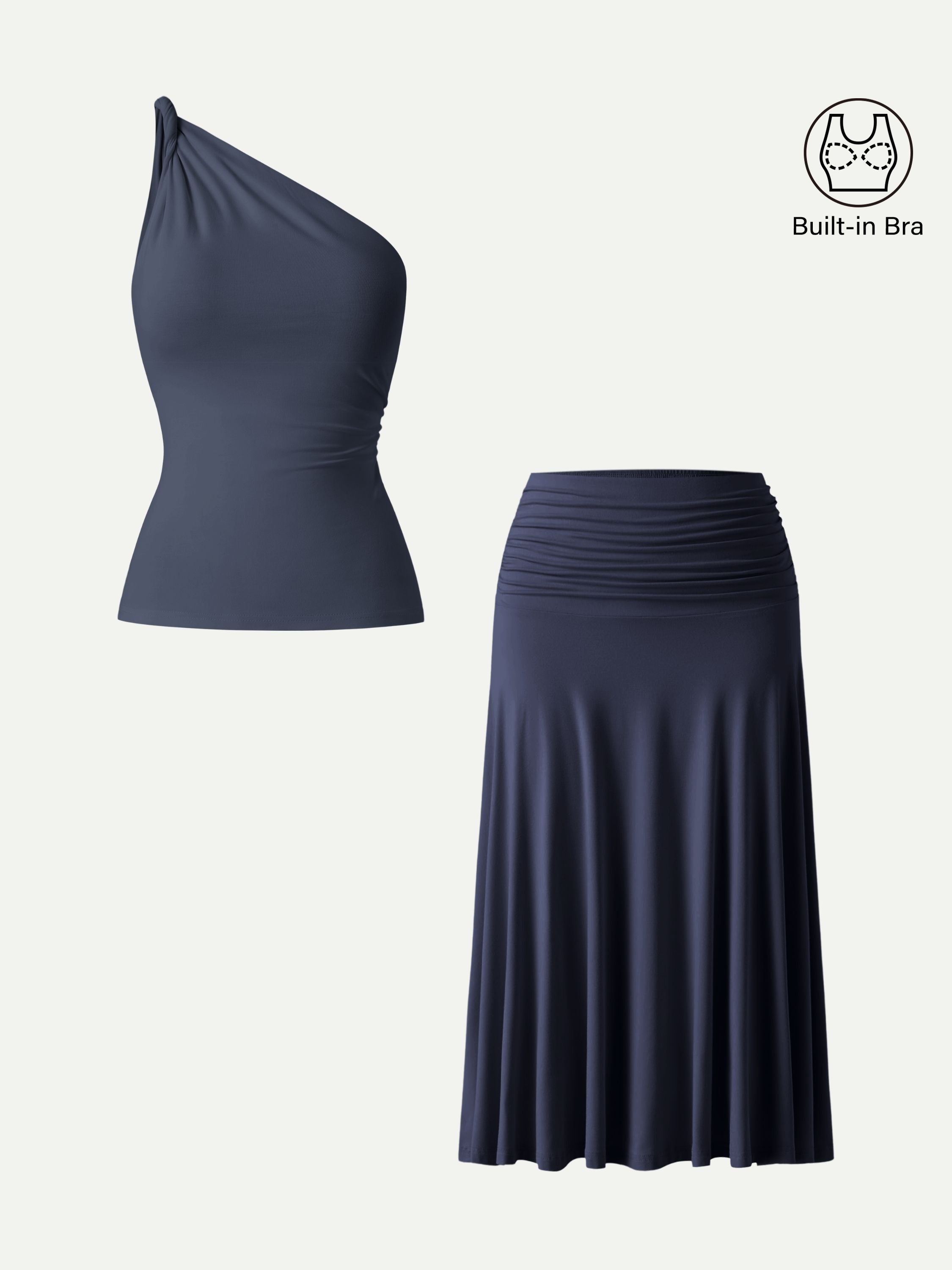 OGLmove 2-Piece One-Shoulder Twisted Bra and Ruched Midi Skirt