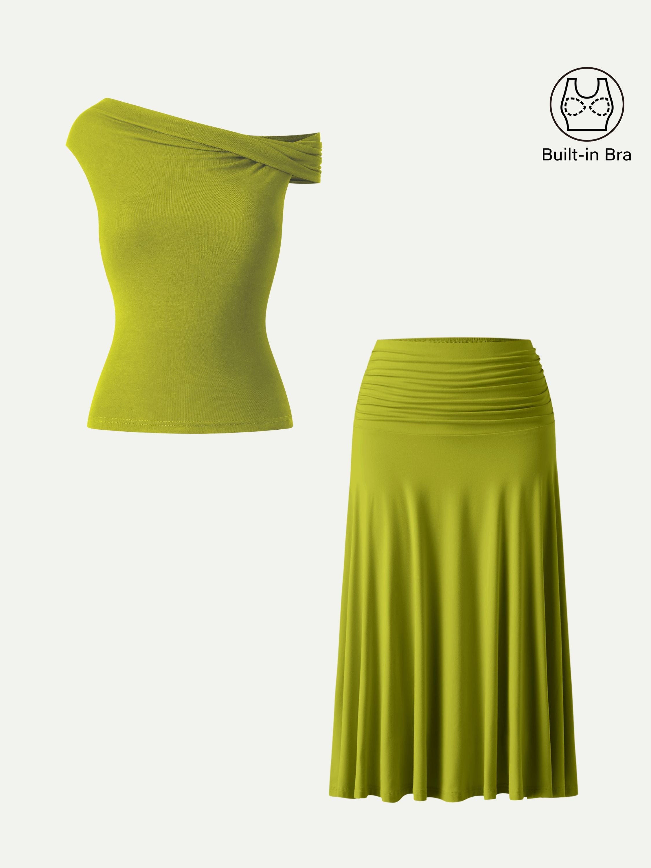OGLmove 2Pcs Set Multi-Wear Bra Top & Side Ruched A-Line Midi Skirt