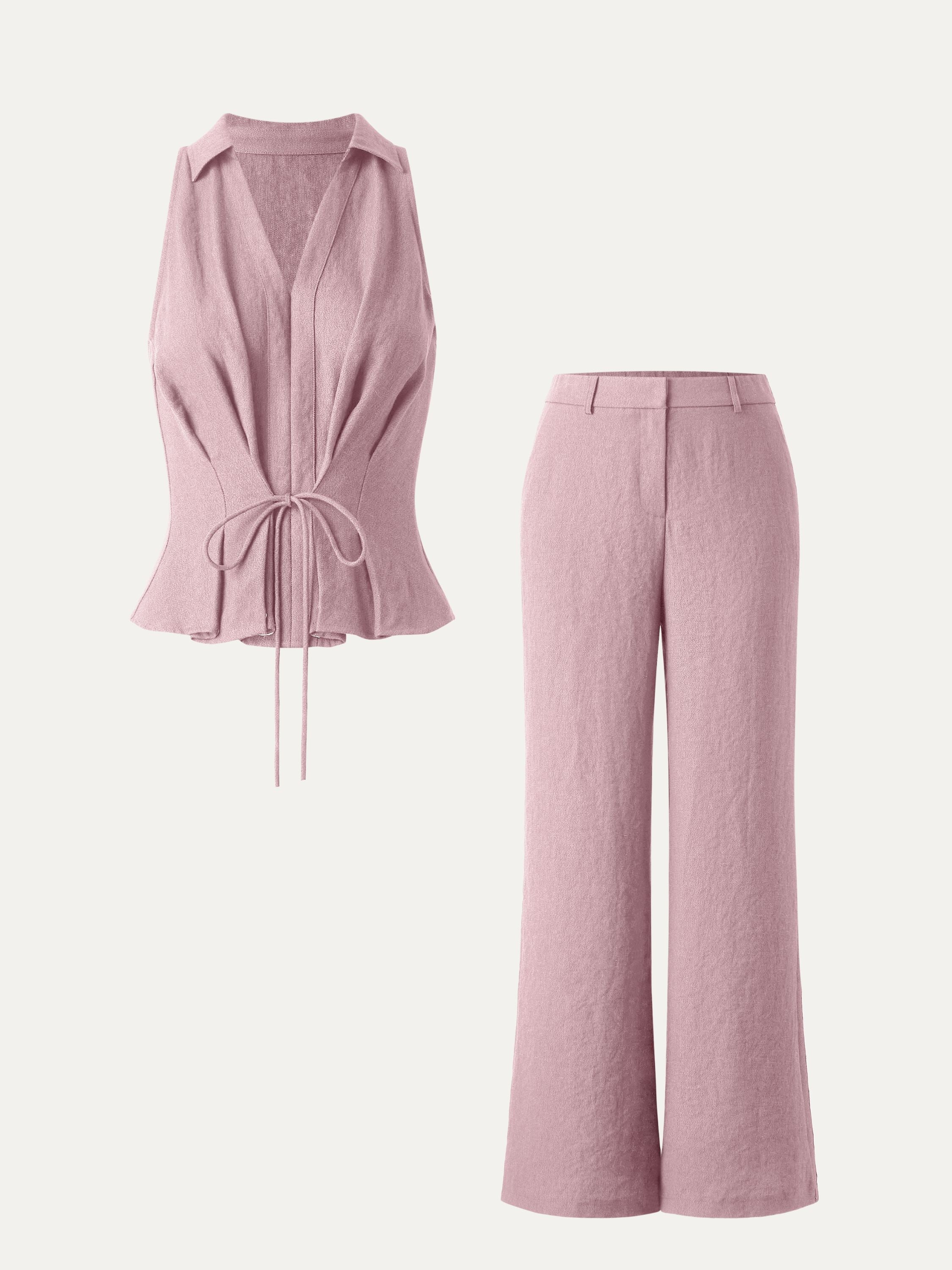 OGLmove Collared V-neck Sleeveless Top & Mid Rise Flared Pant Set with Pockets