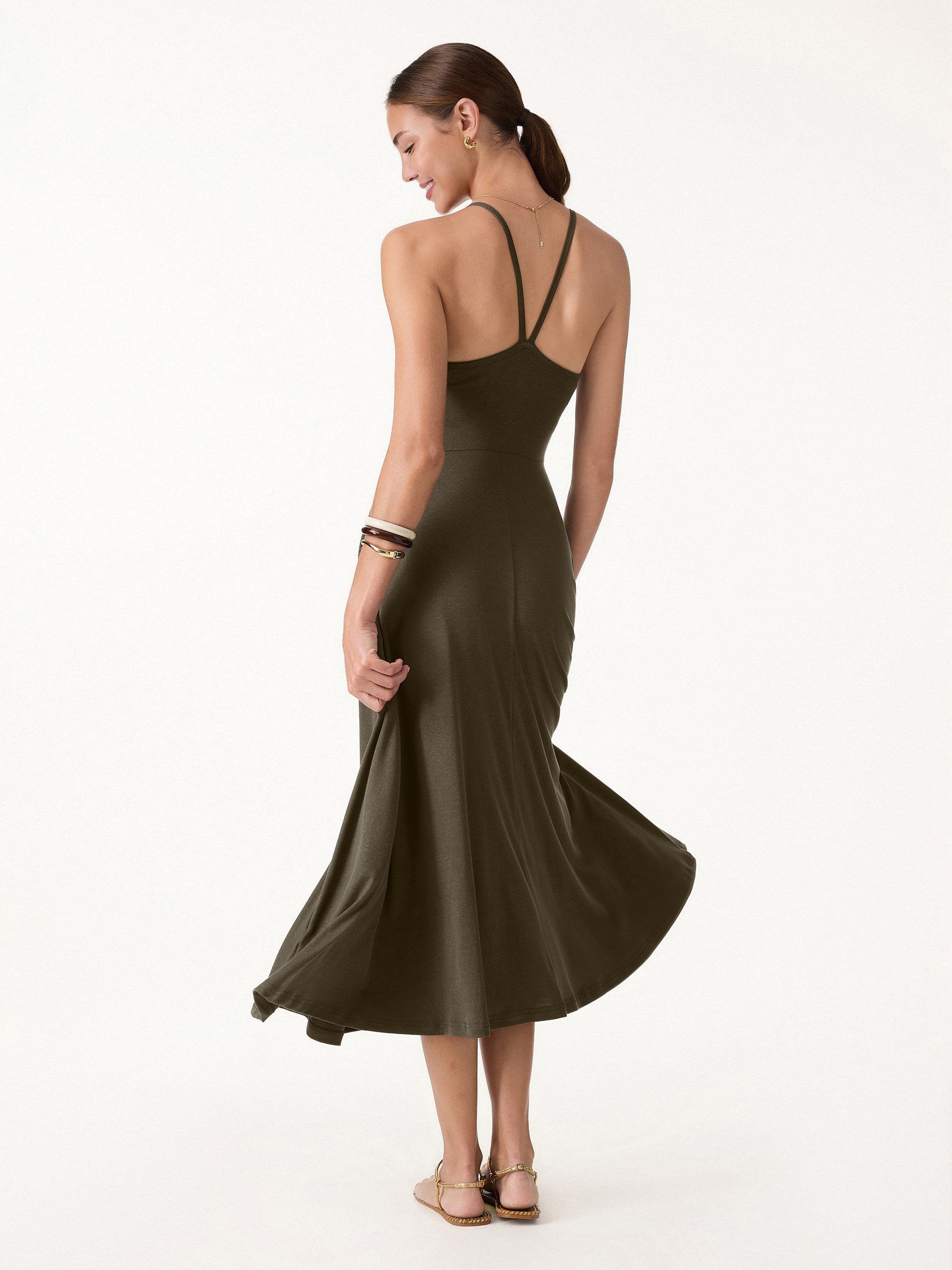OGLmove Soft Linen Knit Spaghetti Midi Bra Dress