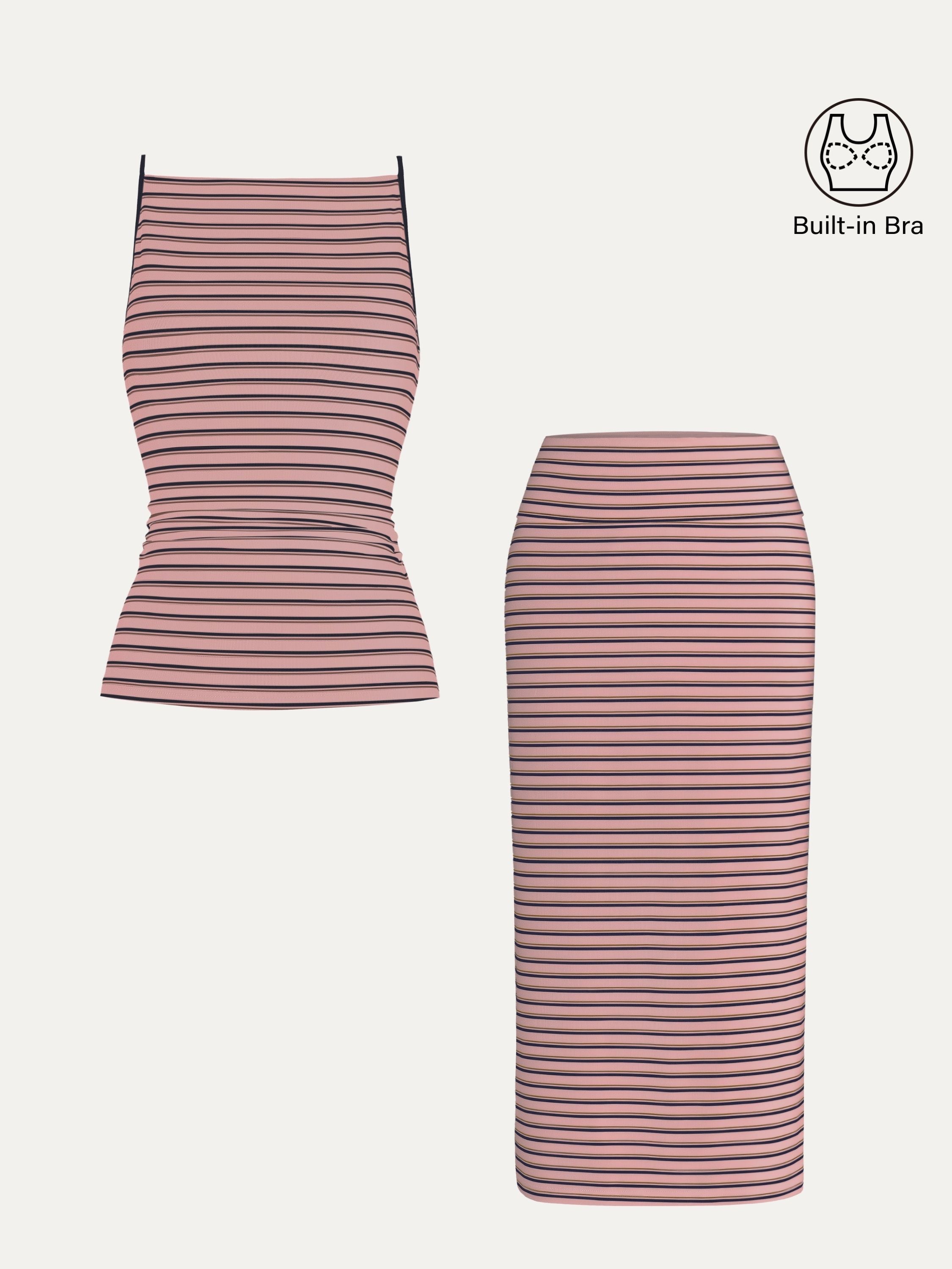 OGLmove Striped Spaghetti Bra Top & Low Rise Midi Skirt Set