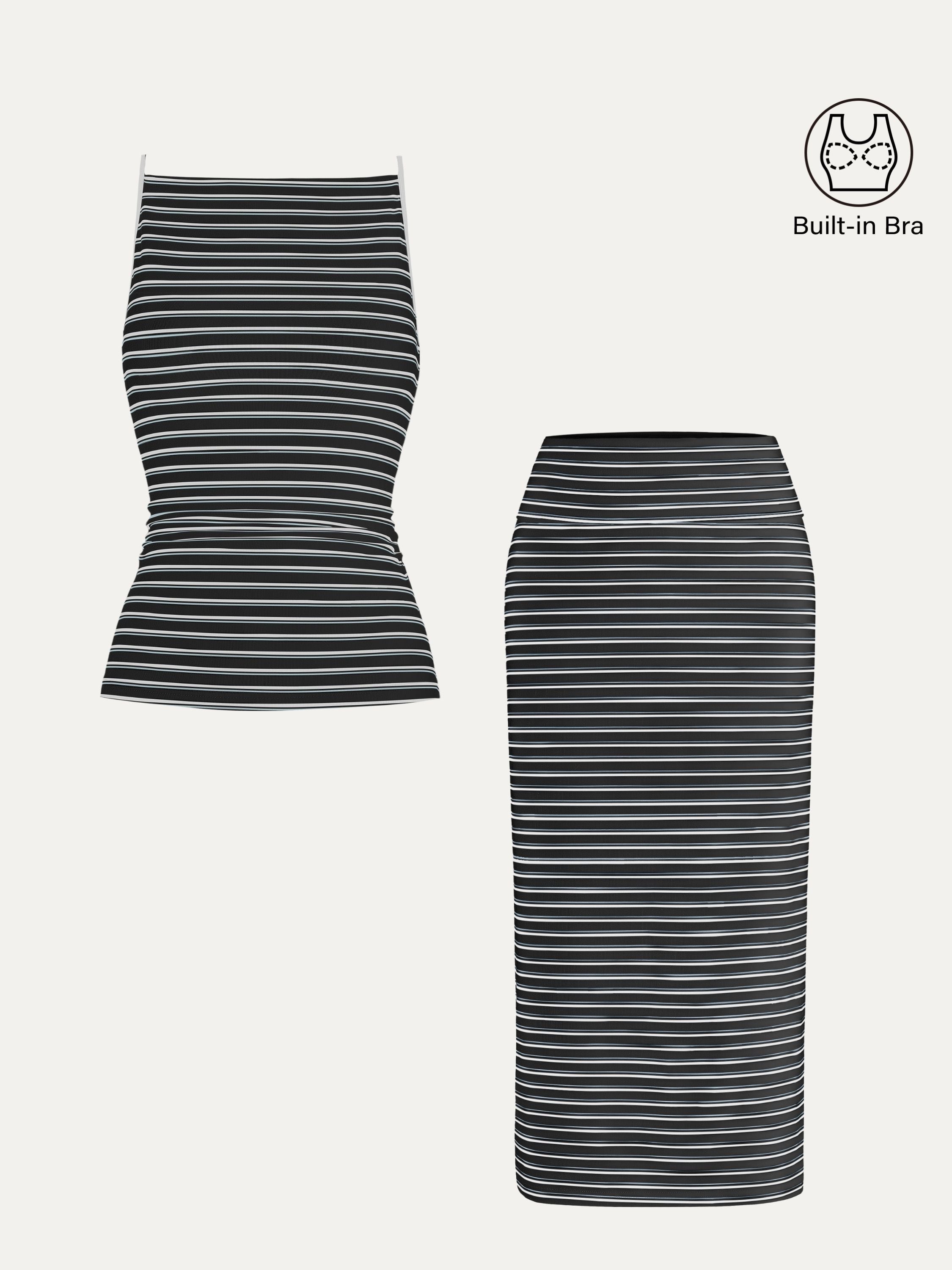OGLmove Striped Spaghetti Bra Top & Low Rise Midi Skirt Set