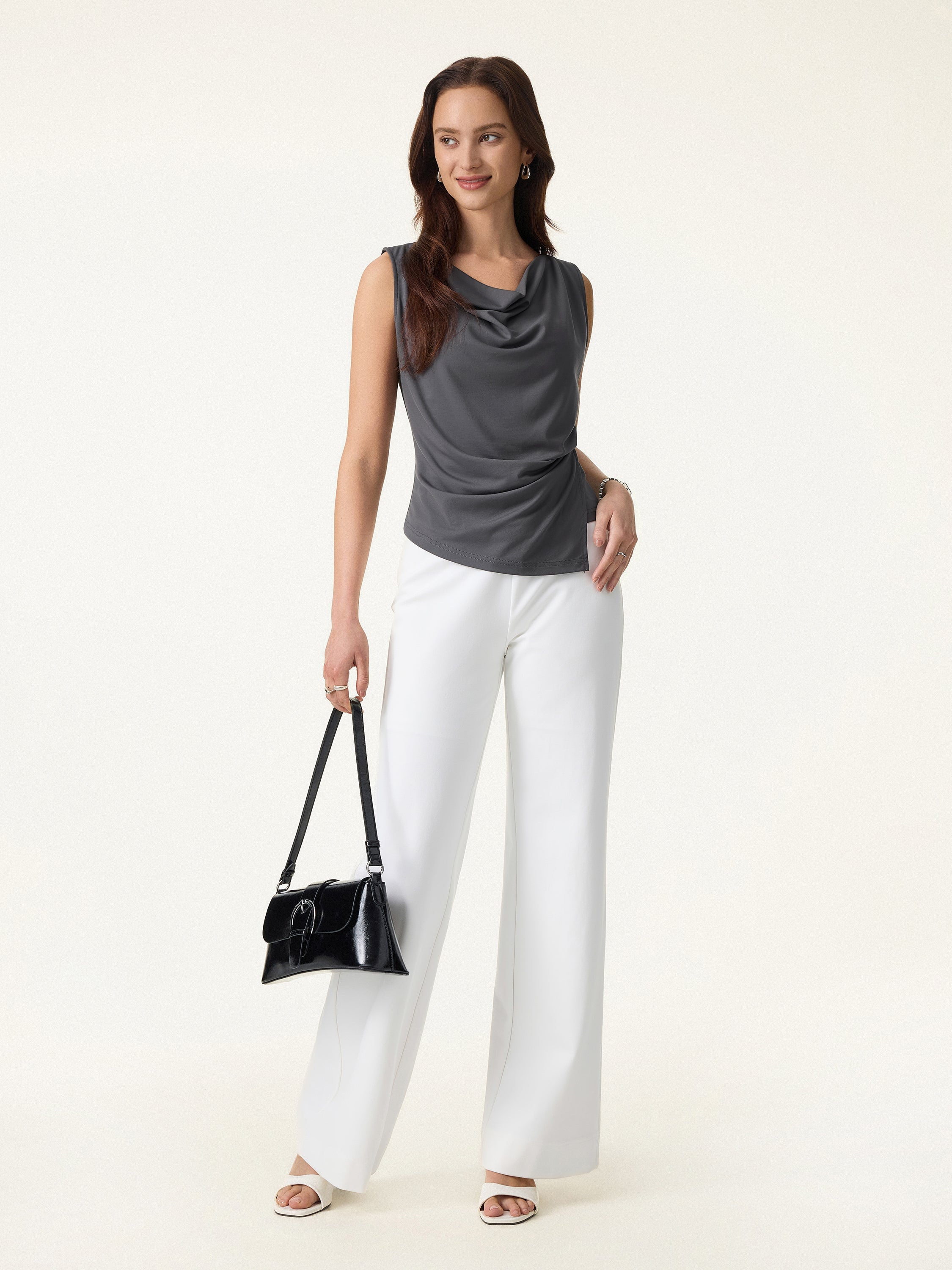 OGLmove Cowl Neck Asymmetrical Tucked Sleeveless Top