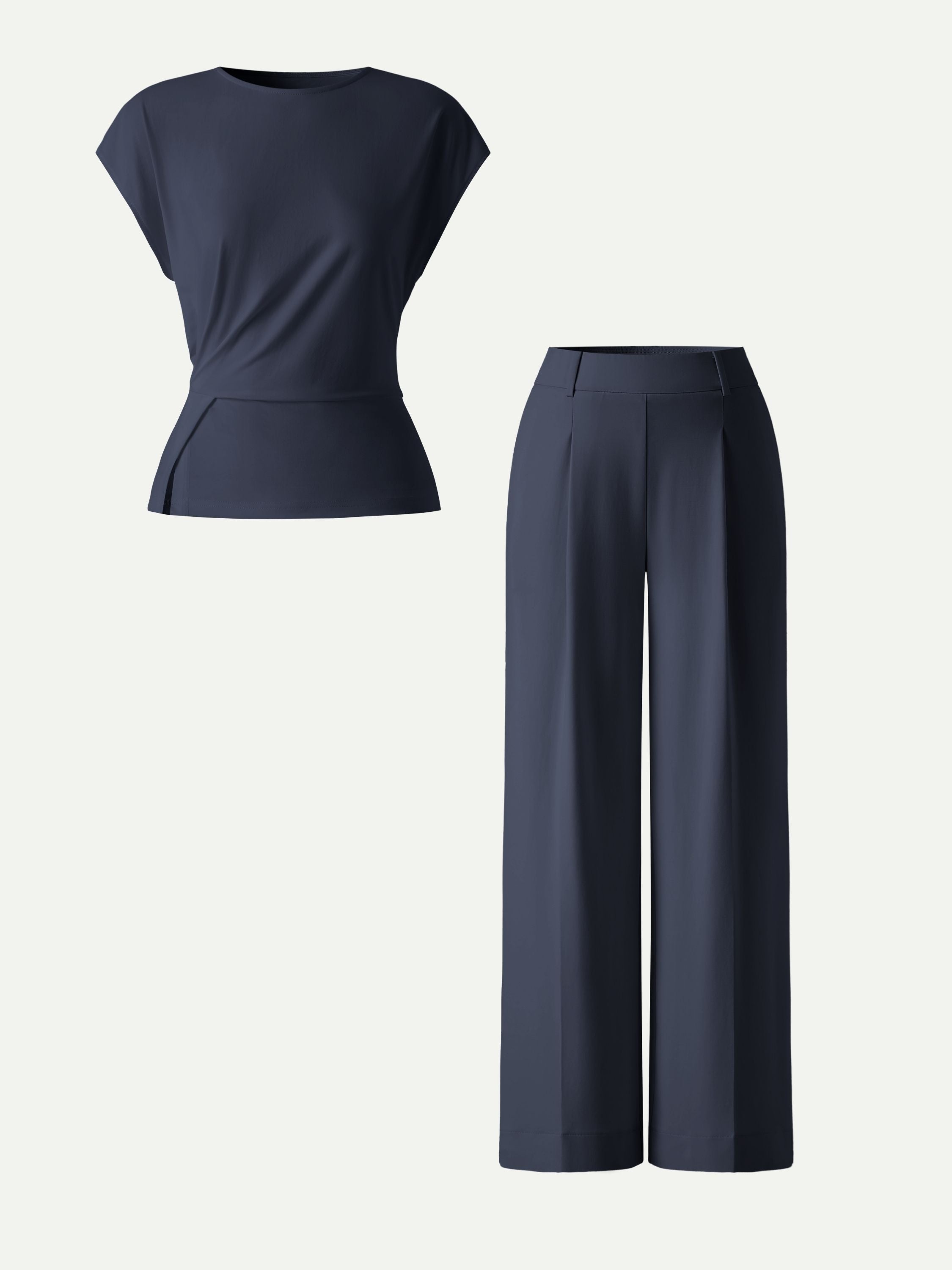 OGLmove 2Pcs Round Neck Tucked Top & Wide Leg Success Pants Set
