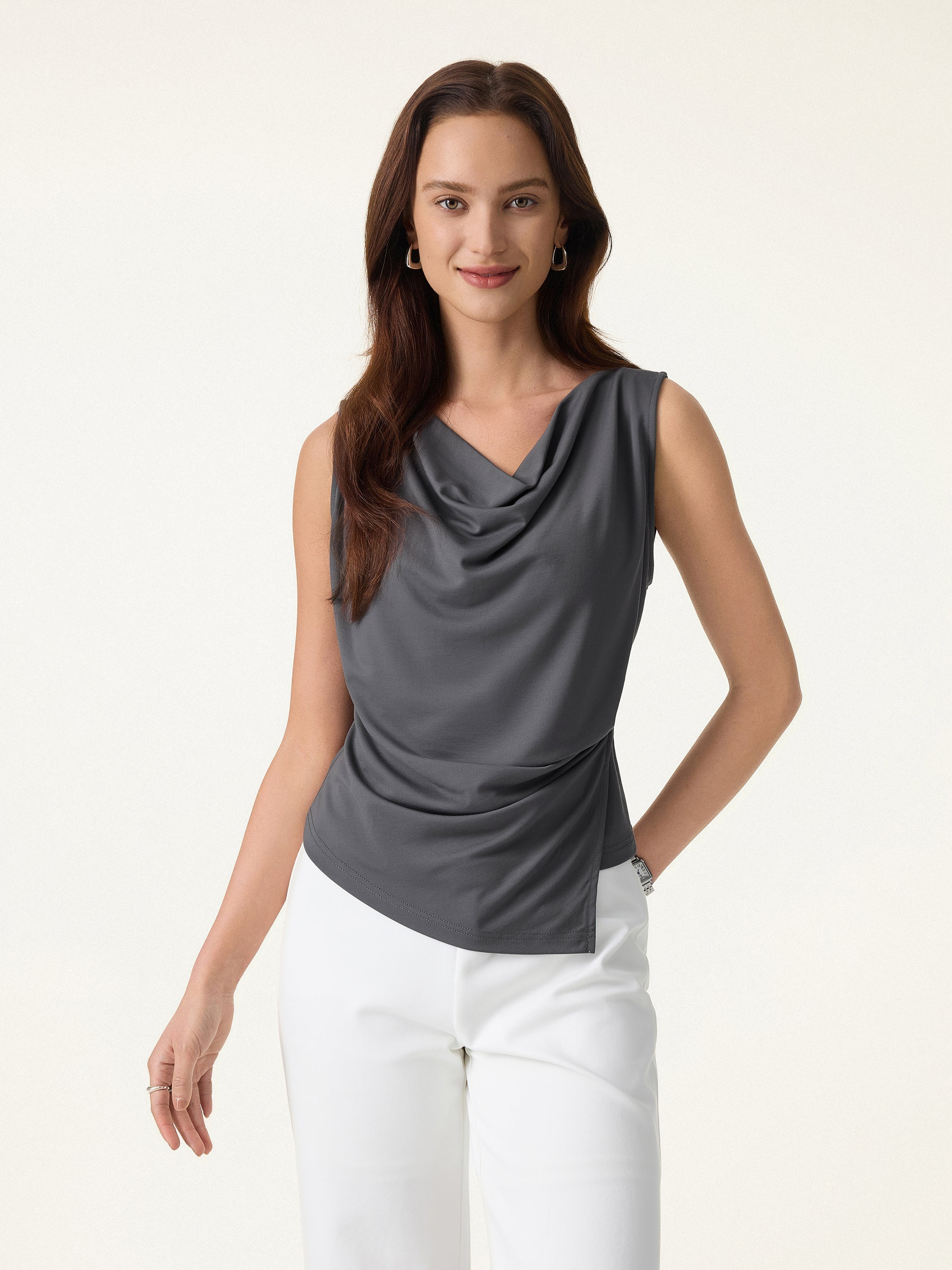 OGLmove Cowl Neck Asymmetrical Tucked Sleeveless Top