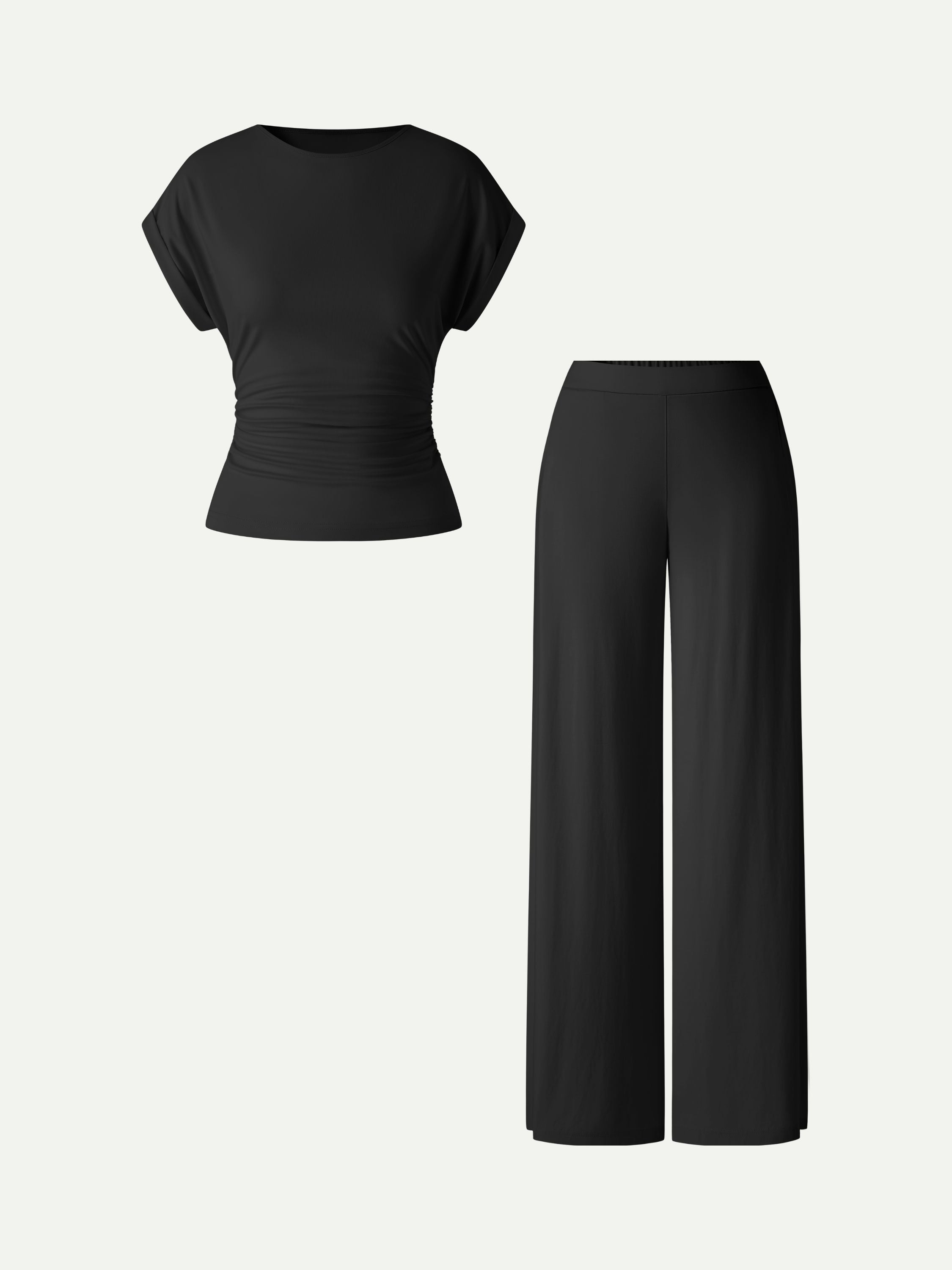 OGLmove Women's 2-Piece Set Round Neck Ruched Tee Wide Leg