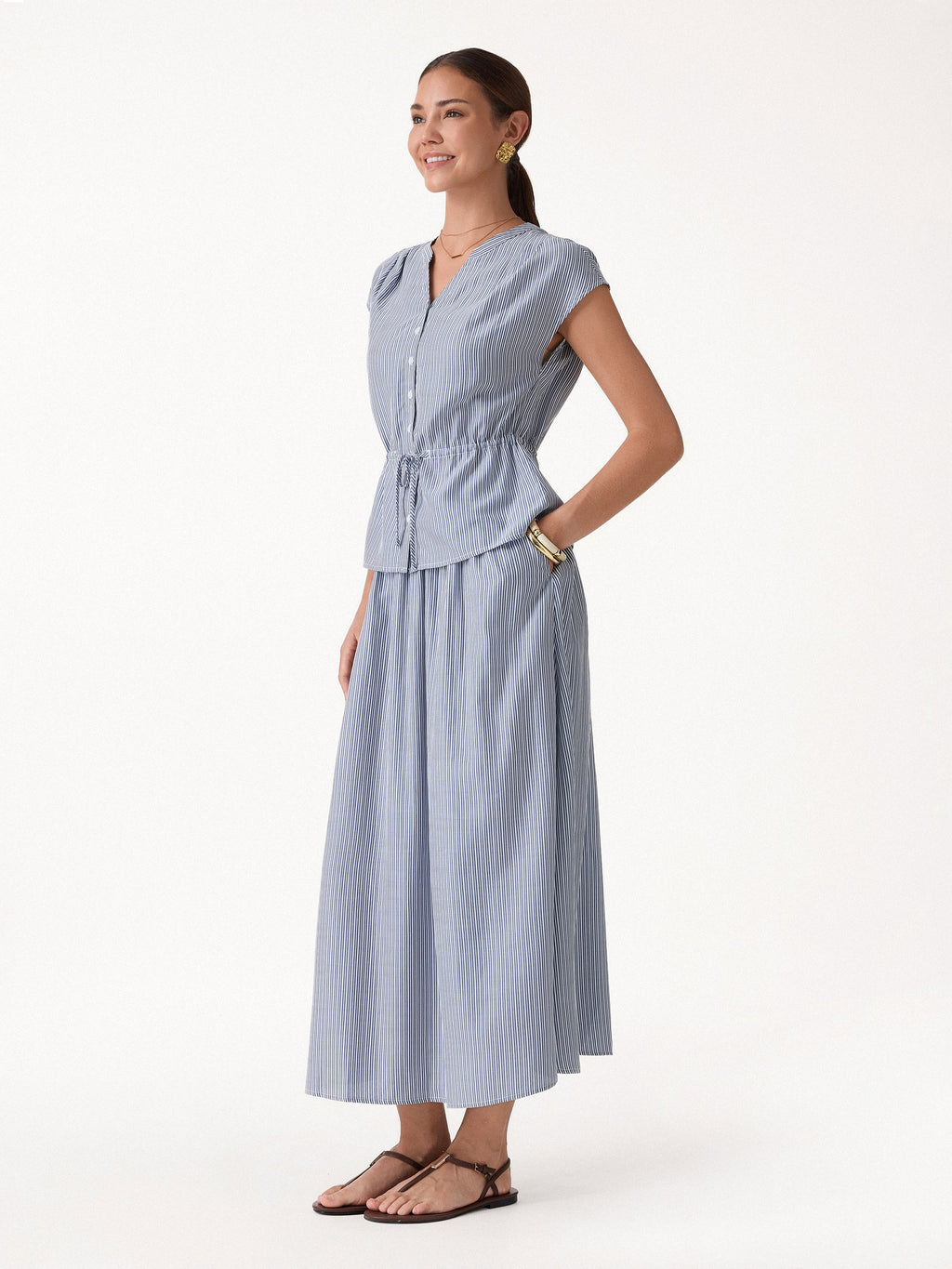 OGLmove Women's 2-Piece Set Drawstring Waist Poplin Shirt & High Rise Midi Skirt with Pockets