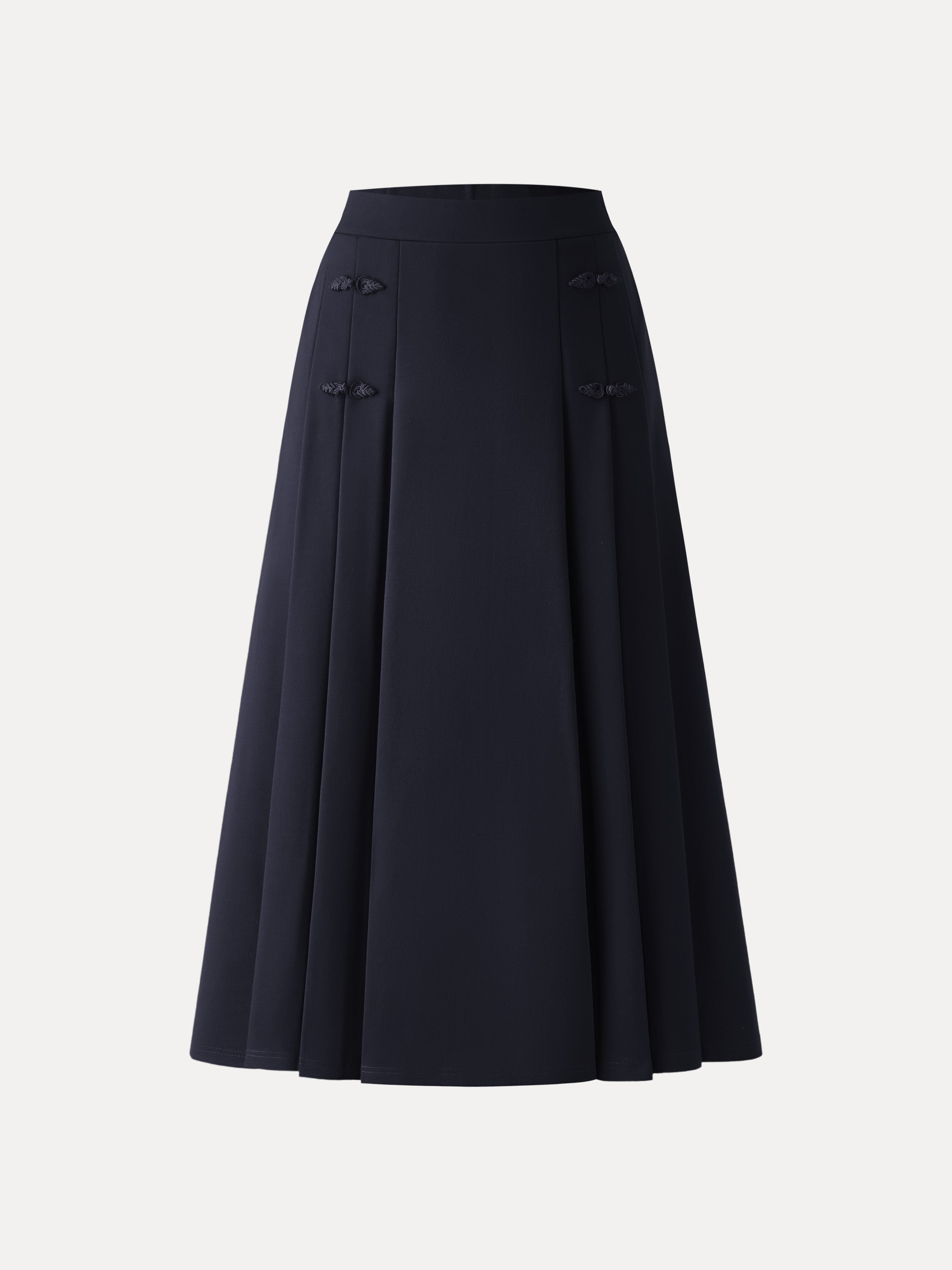 OGLmove Pleated Frog Button Decor A-Line Midi Skirt