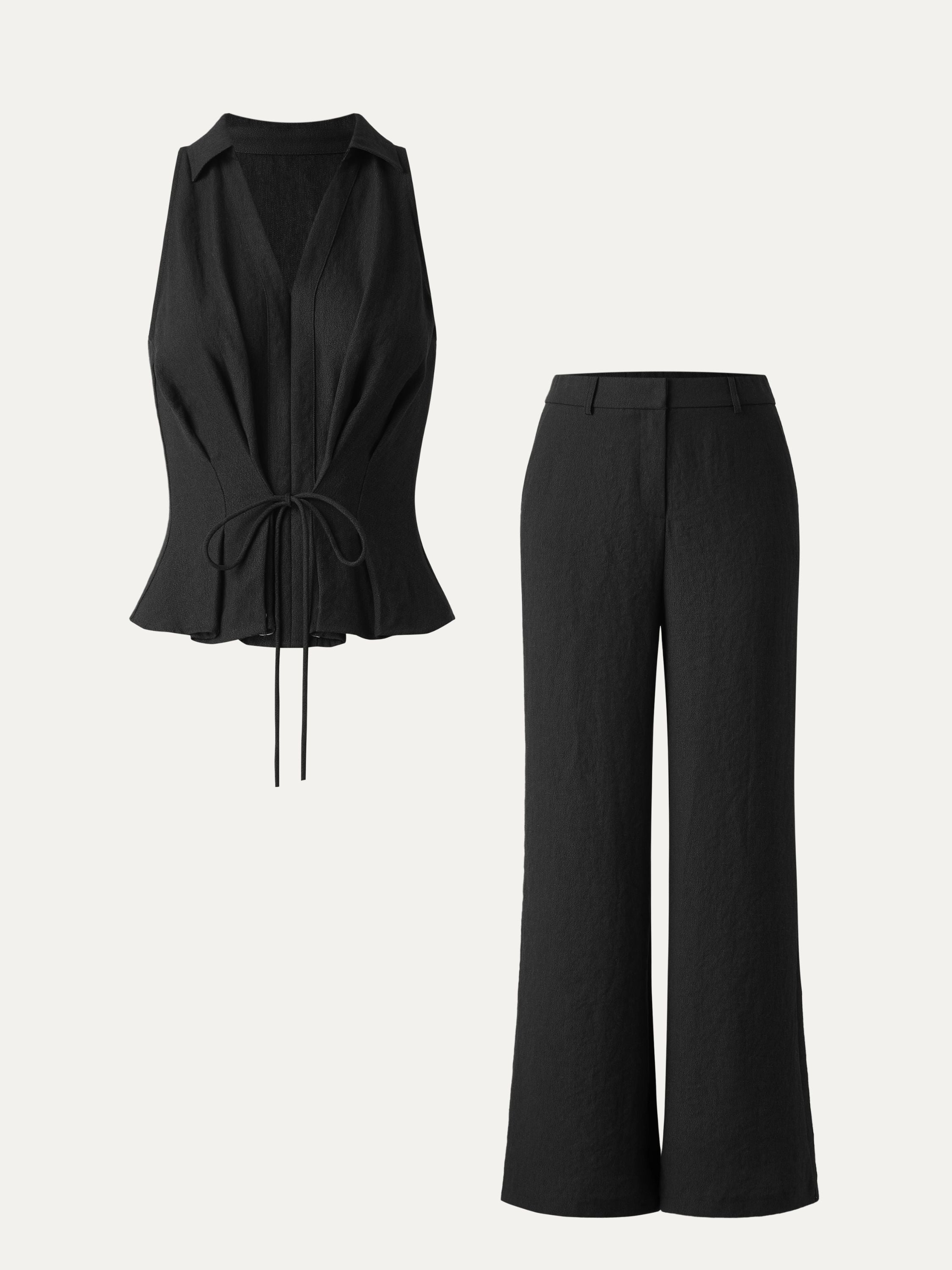 OGLmove Collared V-neck Sleeveless Top & Mid Rise Flared Pant Set with Pockets