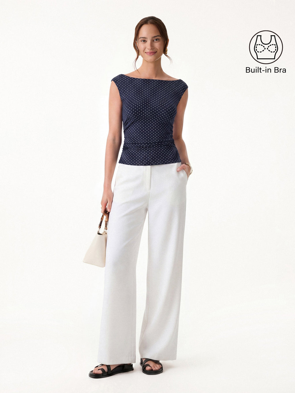 OGLmove Stretch Cotton Polka Dot Boatneck Ruched Bra Top