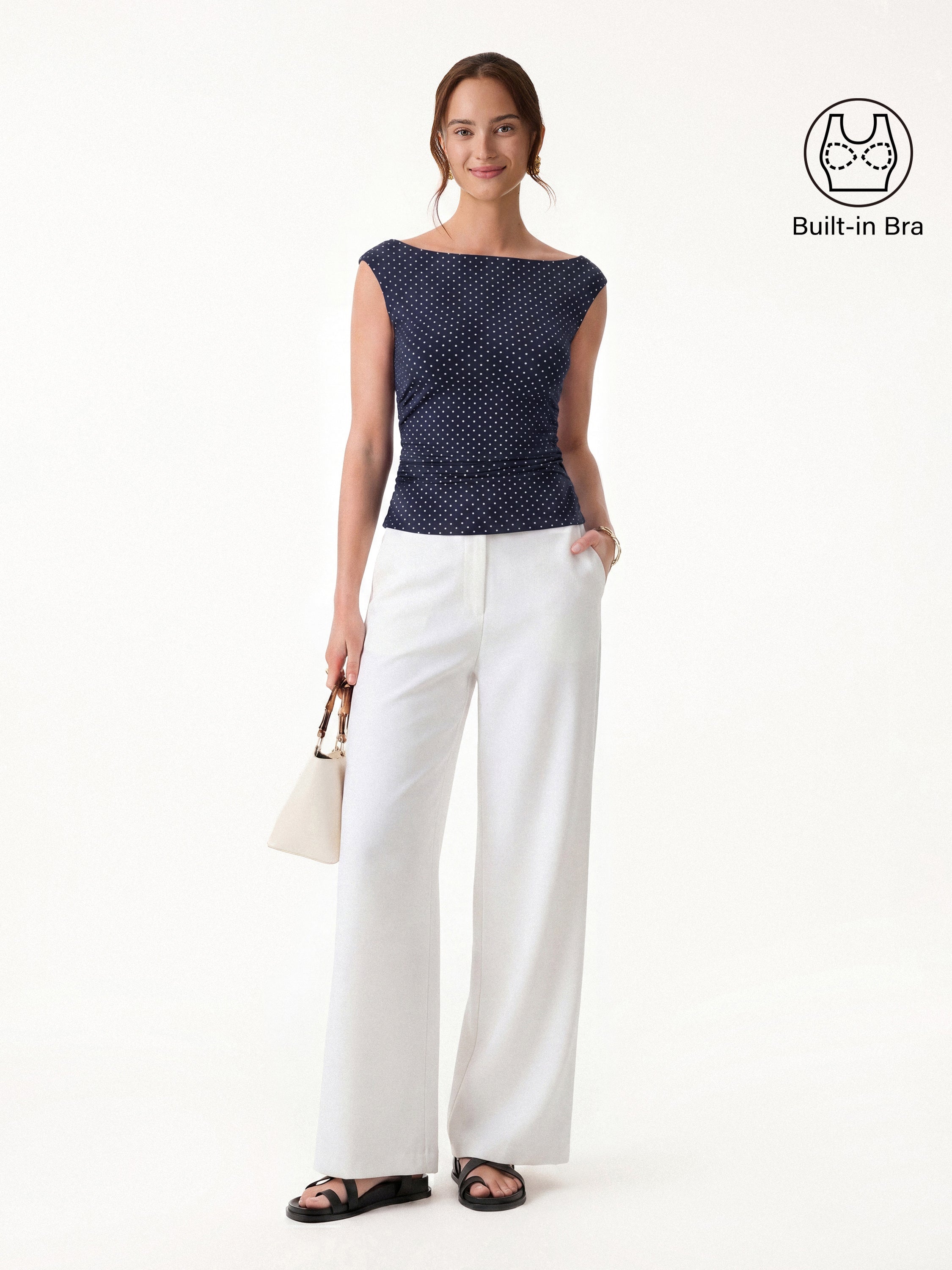 OGLmove Stretch Cotton Polka Dot Boatneck Ruched Bra Top