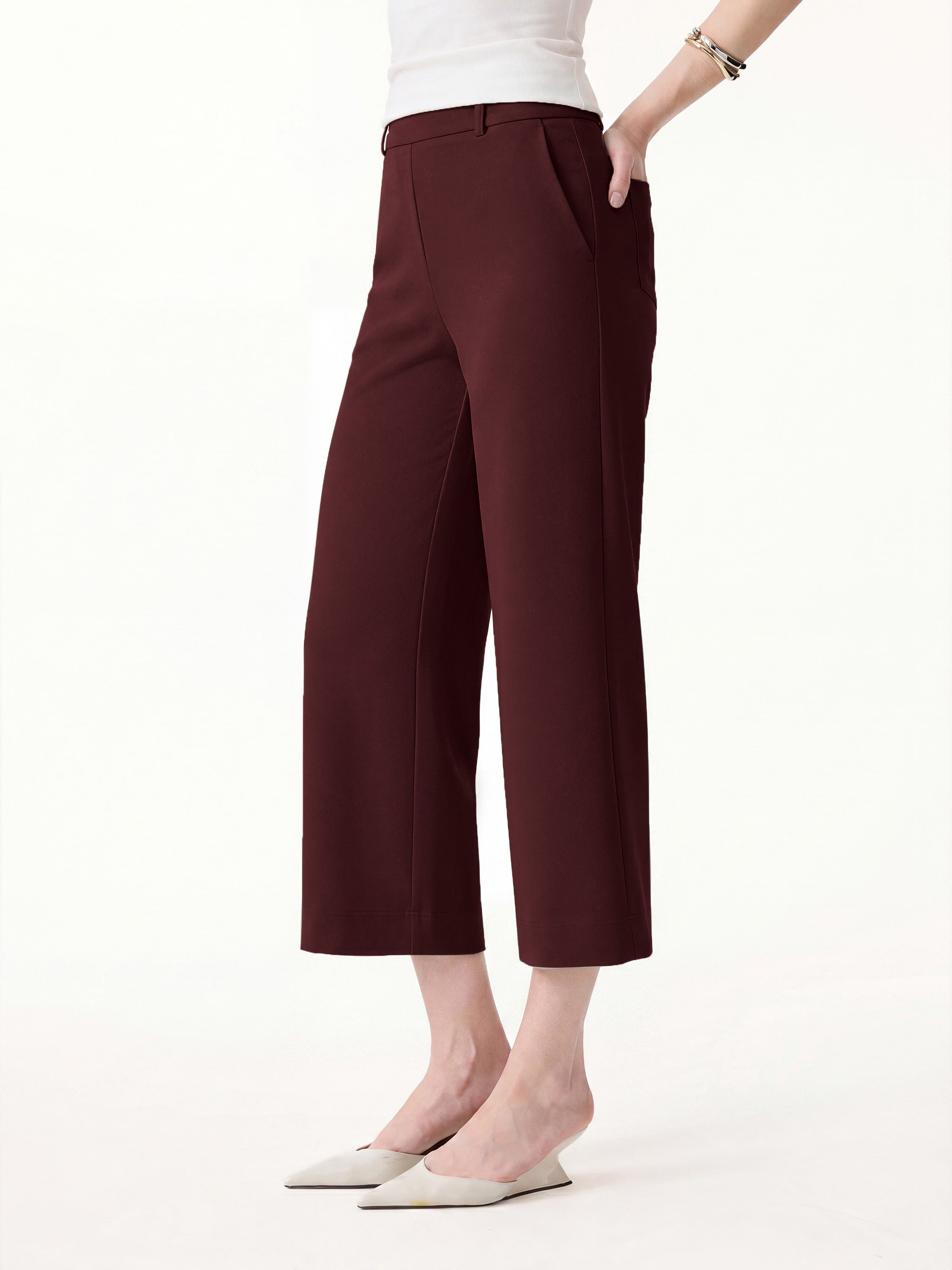 OGLmove Not-See-Thru Mid Rise Cropped Wide Leg Pants with Pockets