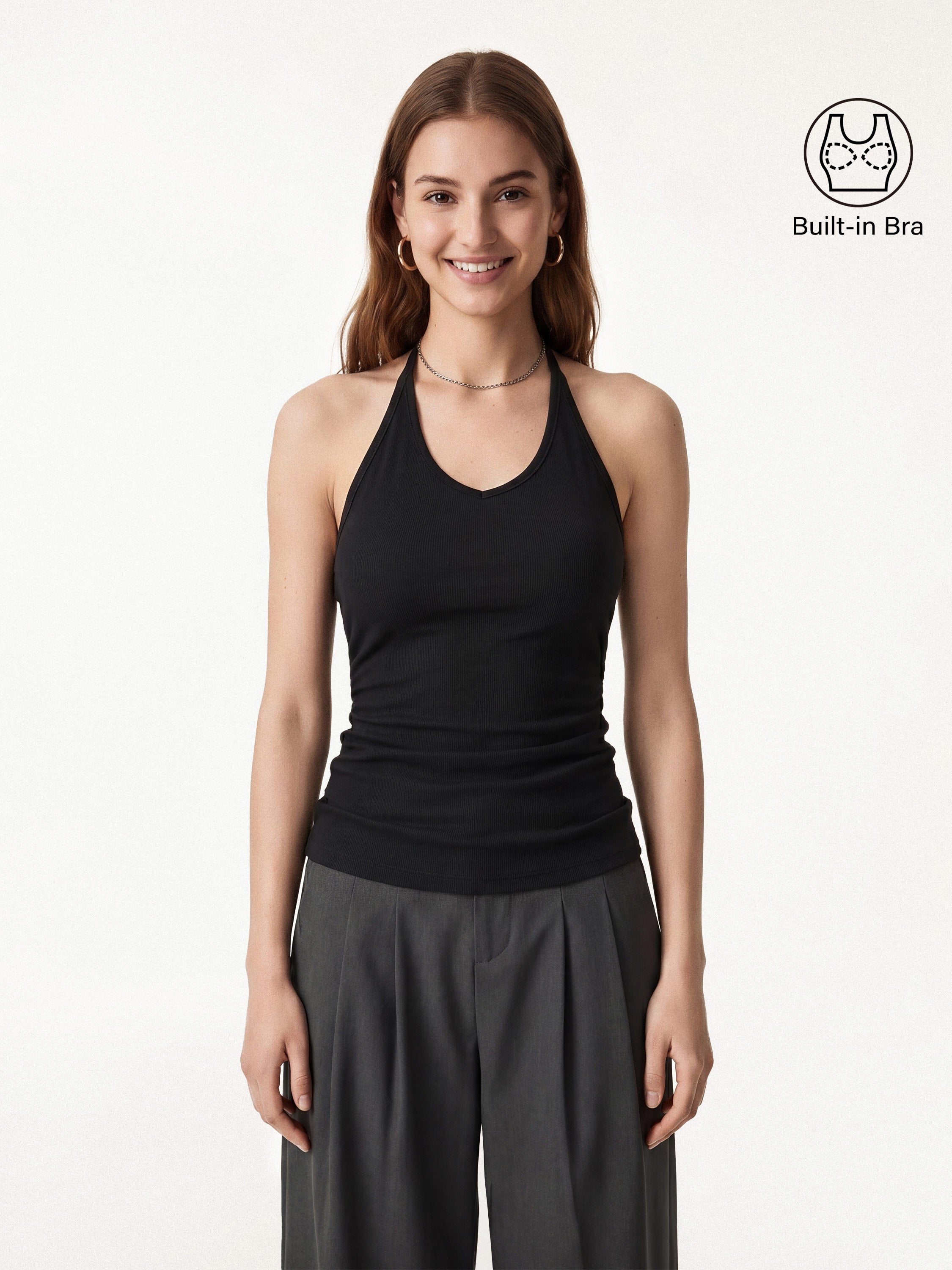 OGLmove Modal Halter Neck Open Back Ruched Bra Top
