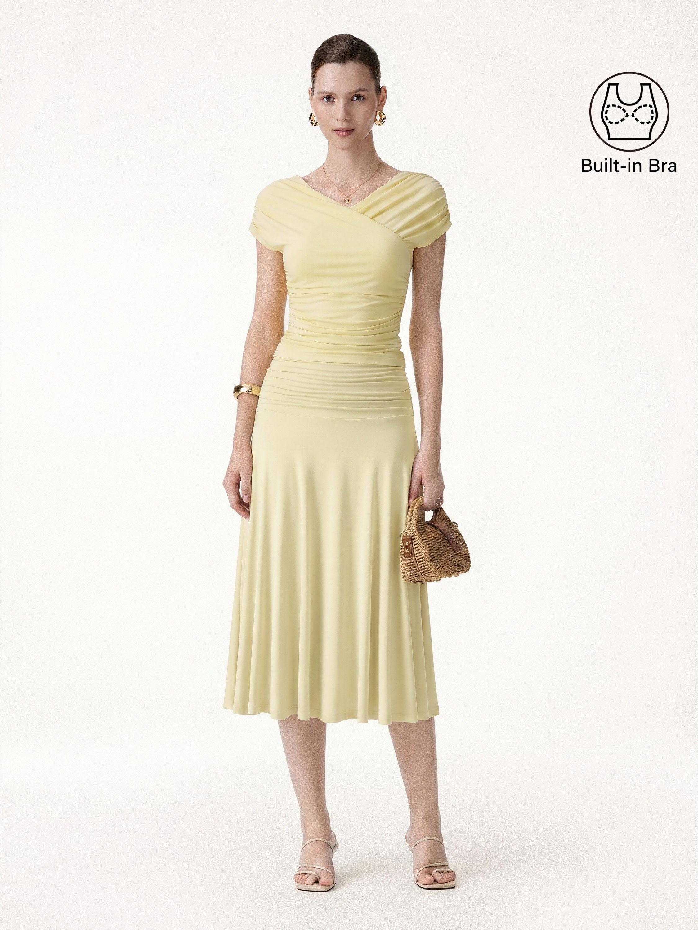 OGLmove 2Pcs Set Surplice V-Neck Bra Top & Side Ruched A-line Midi Skirt
