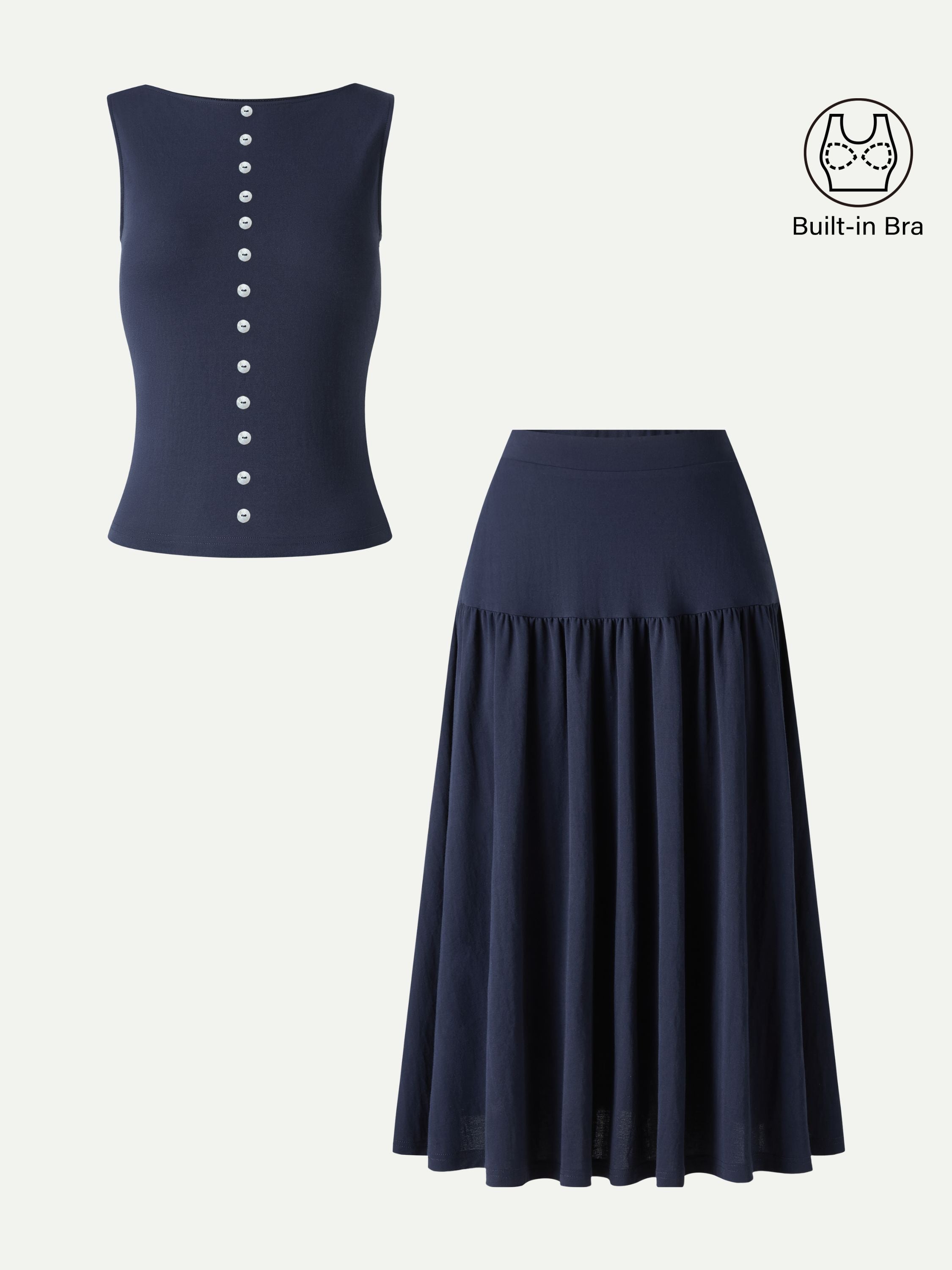 OGLmove 2Pcs Set Cropped Bra Top & Midi Skirt with Pockets