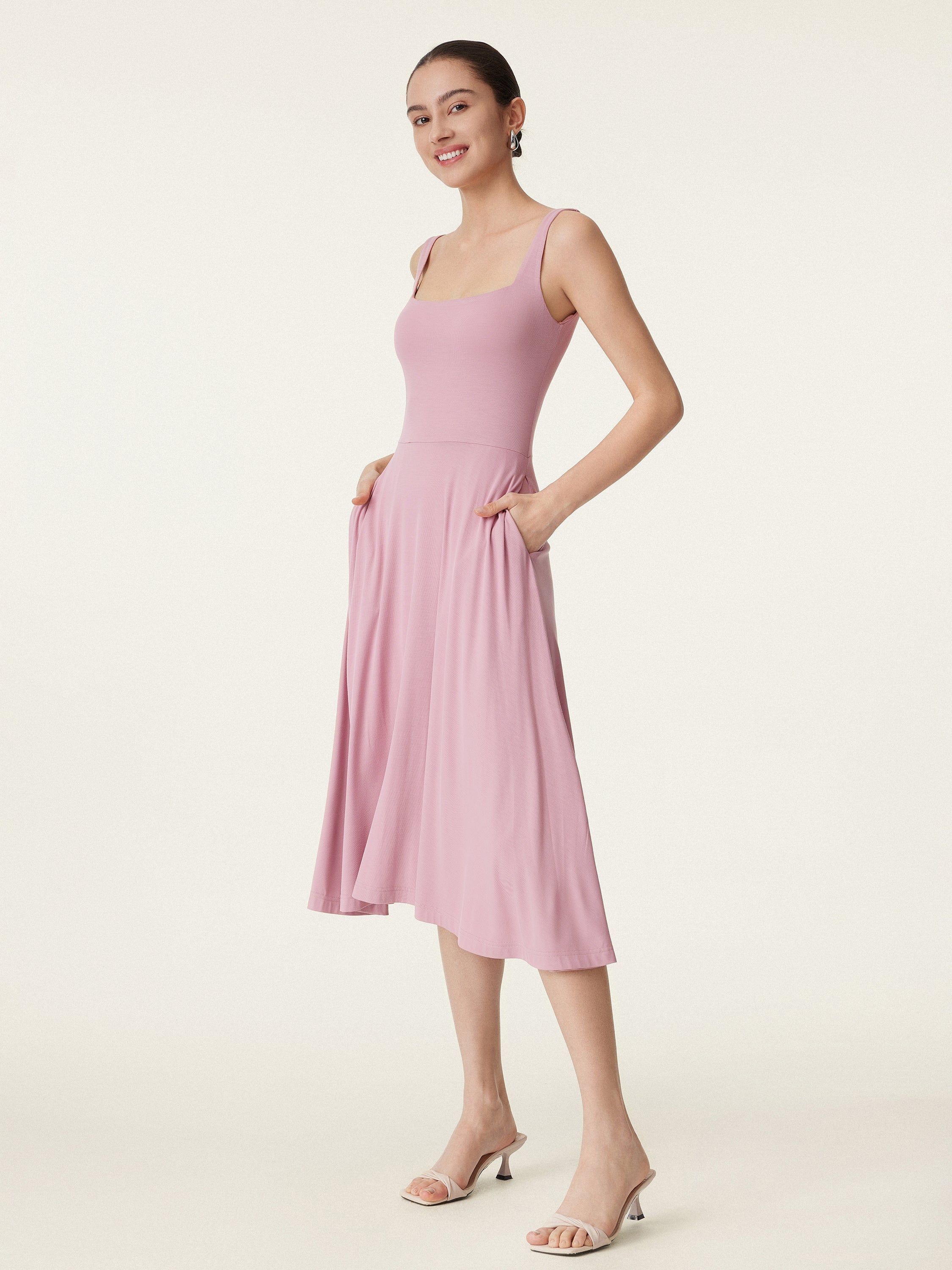 OGLmove Square Neck Flowy New Airy Bra Midi Dress