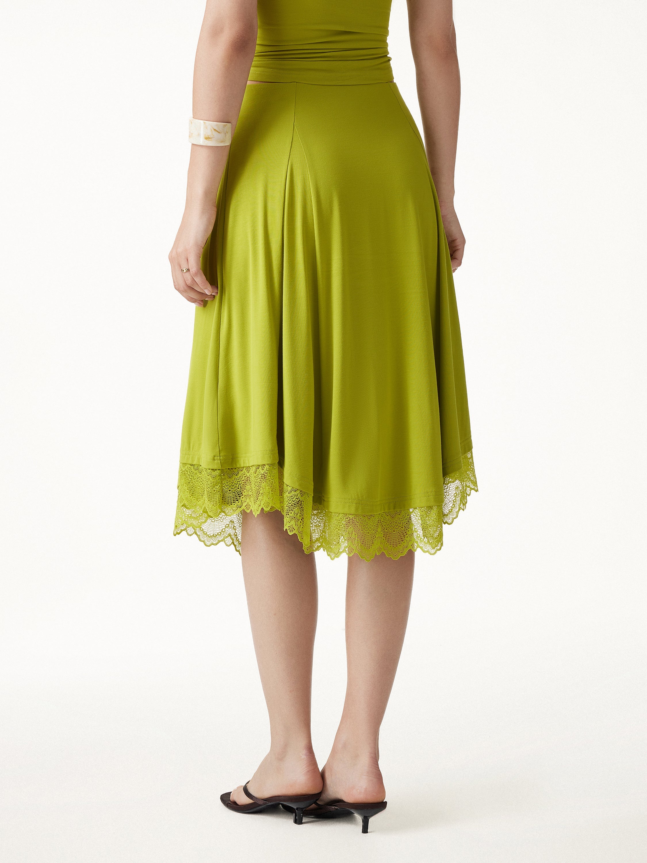 OGLmove Lace Trim Midi Circle Flare Skirt