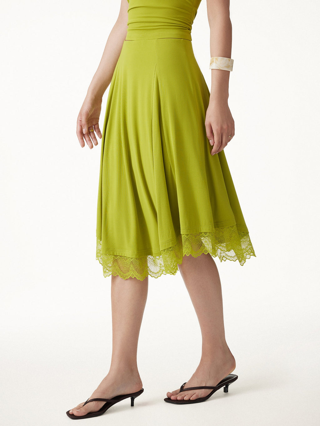 OGLmove Lace Trim Midi Circle Flare Skirt