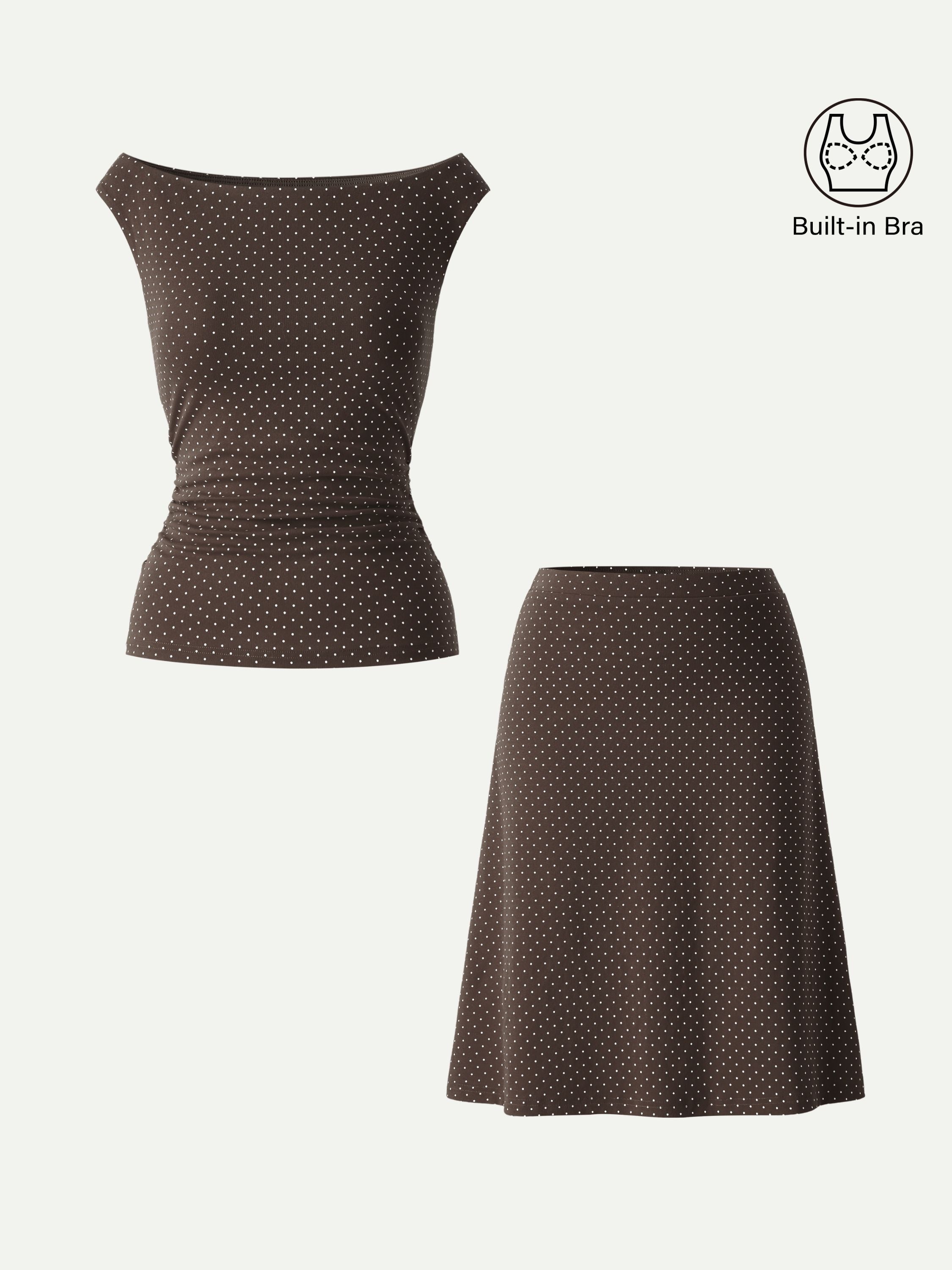 OGLmove Polka Dot Boatneck Bra Top & A-Line Flare Skirt Set