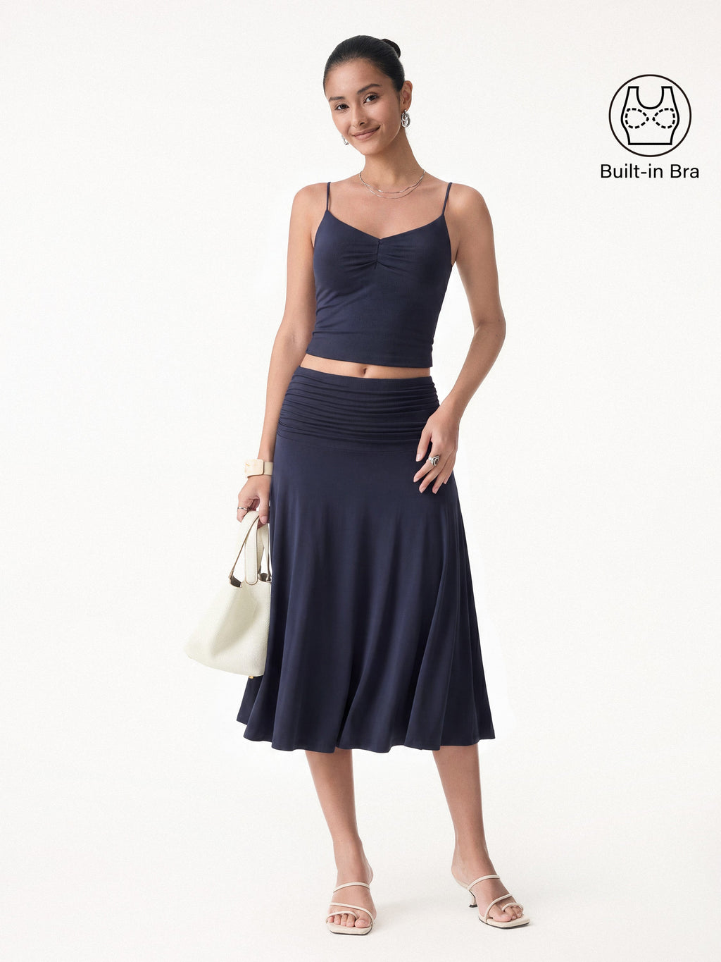 OGLmove Front Tucked Spaghetti Brami A-line Midi Skirt 2-Piece Set