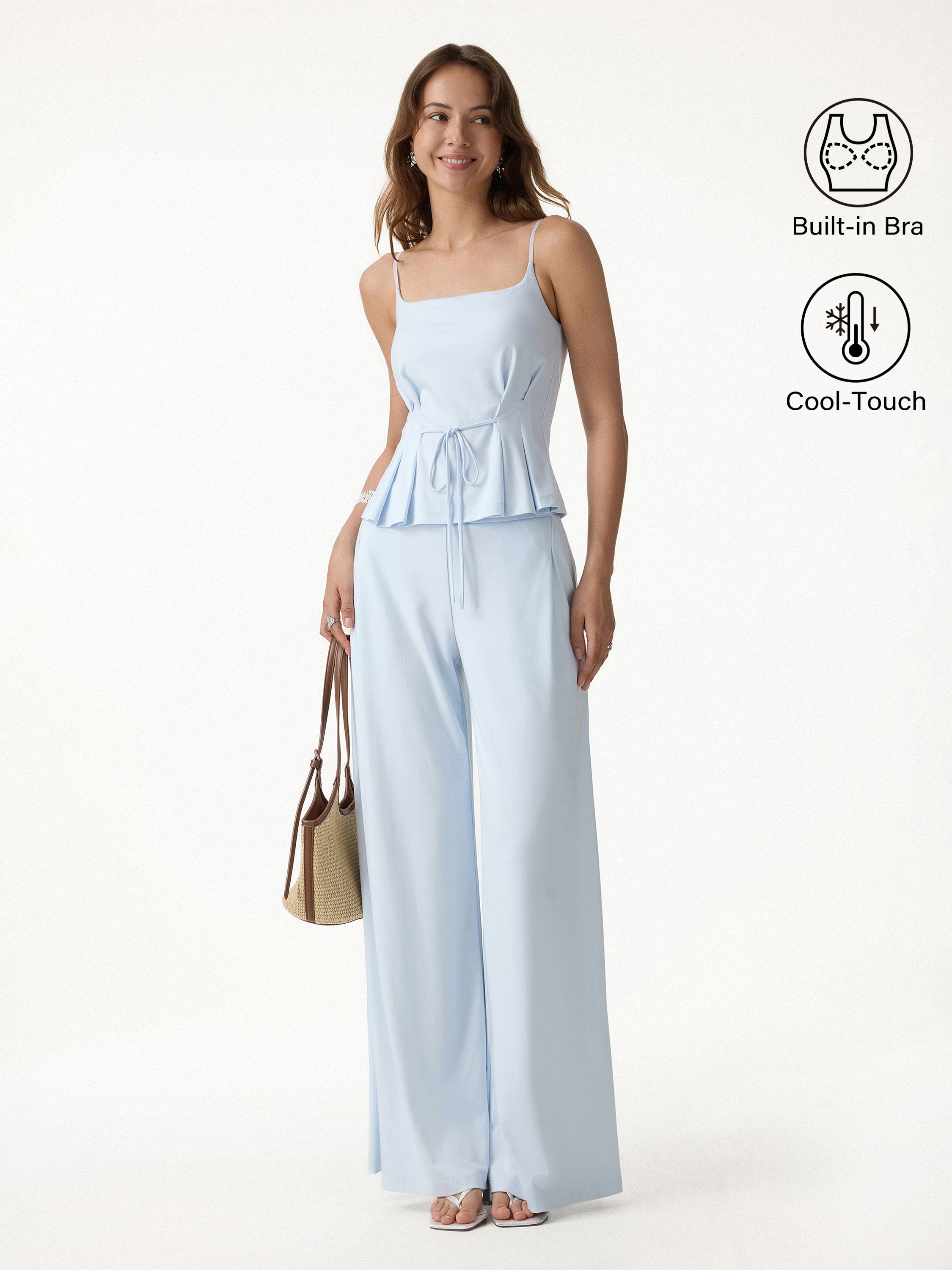 OGLmove 2Pcs Set Spaghetti Bra Top, Wide Leg Pants